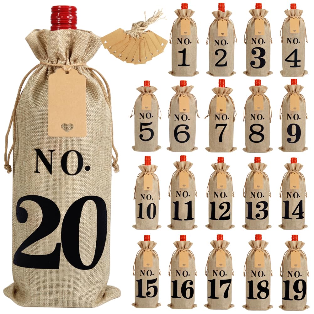 Shintop 20-Piece Jute Wine Gift Bags Set with Numbered Tags & 100ft Twine - 14x6.25 Inch Drawstring Hessian Bags for Blind Wine Tasting (Brown, No.1-20) - Perfect for Wine Parties, Bridal Showers & Holiday Gifting