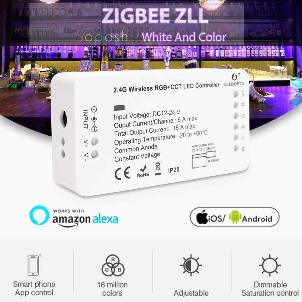 Zigbee LED Controller RGBCCT/RGBW Smart Dimmer for LED Strip Lights 12-24V - Compatible with Amazon Echo Plus, Works with Alexa - Perfect for Home Lighting, Bedroom, Living Room, and Party Decor