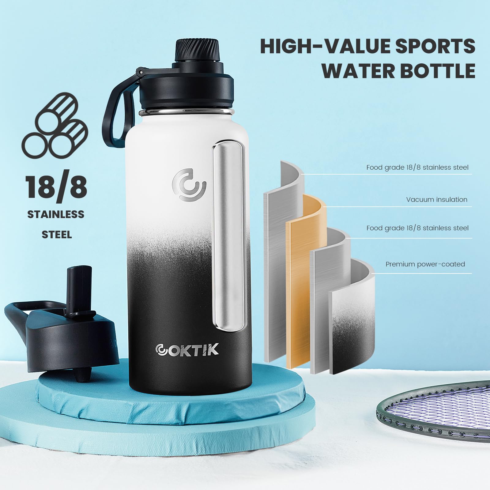 32 oz Stainless Steel Vacuum Insulated Sports Water Bottle with Straw & 2 Lids - Leakproof, Lightweight, Keeps Drinks Cold 24H/Hot 12H - Perfect for Gym, Hiking, Running, Cycling, Workout & Outdoor Activities