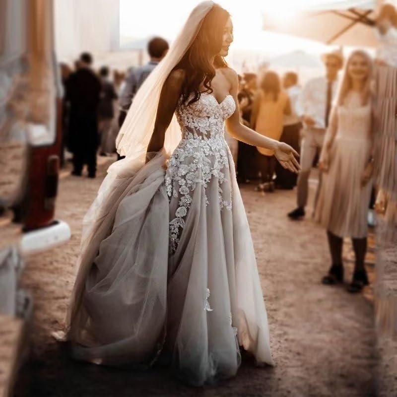 Boho Wedding Dresses for Bride - Sheer Lace Sweetheart Beach Bridal Gown with 3D Flowers | Perfect for Beach, Garden & Destination Weddings
