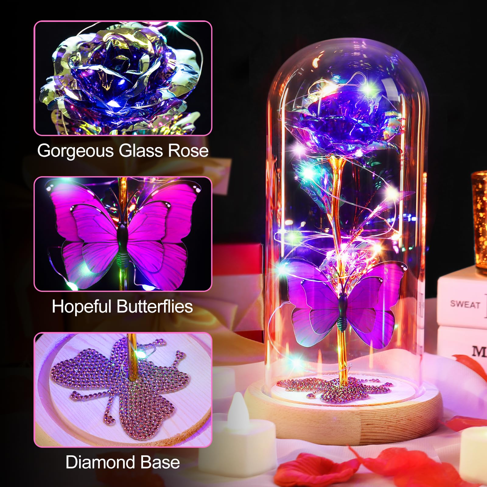 DEEMEI Purple Rose in Glass Dome - Eternal Flower with Butterfly Light Up, Birthday Gift for Women, Mothers Day Present for Mom, Grandma, Girlfriend, Wife - Perfect for Thanksgiving, Anniversaries, Home Decor & Romantic Surprises