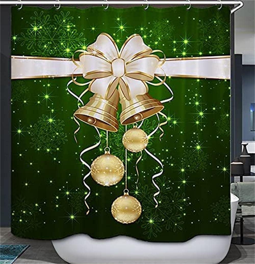 Waterproof Christmas Shower Curtain with Golden Bells & Snowflakes - 60x72 Inch Holiday Bathroom Decor, 12 Hooks, Watercolor Design - Perfect for Festive Bathroom Makeover & Christmas Home Decor