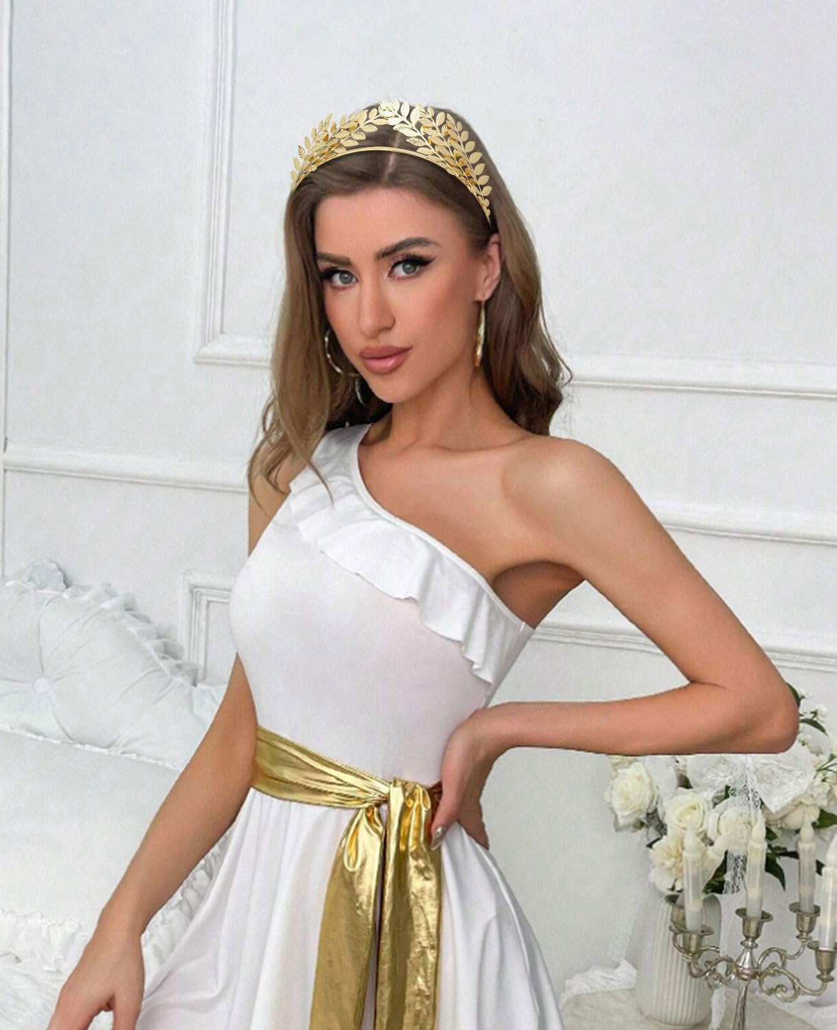 Wecoe Gold Leaf Headband for Women & Girls - Elegant Bridal Tiara Crown, Flower Girl Halo Headpiece, Greek Goddess Toga Costume Hair Accessory - Perfect for Weddings, Parties & Cosplay