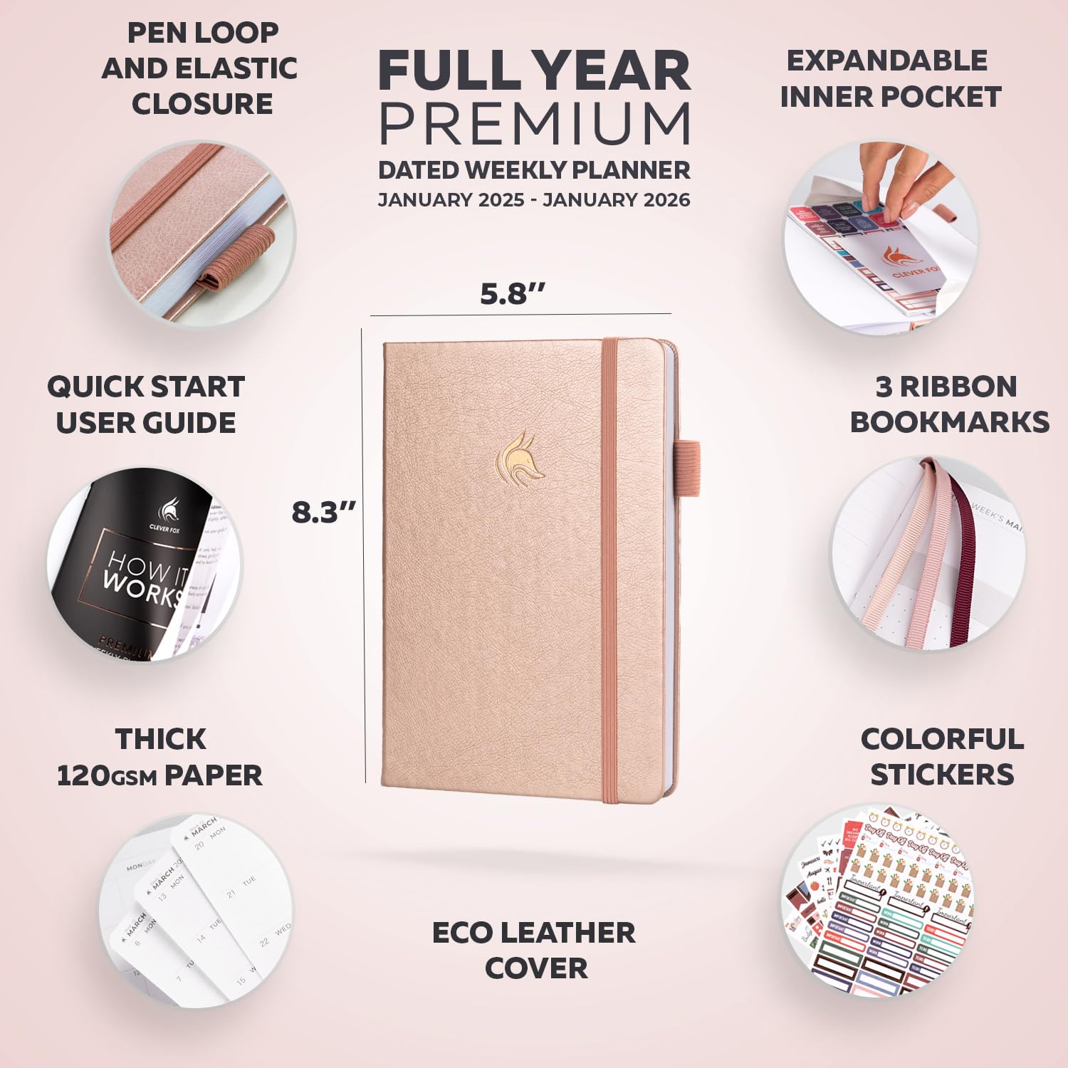 Clever Fox Dated Planner Premium 2025 - Weekly & Monthly Agenda Organizer for Productivity - Goal Setting Notebook with Habit Tracker, To-Do Lists & Stickers (Rose Gold) - Perfect for Students, Professionals & Entrepreneurs