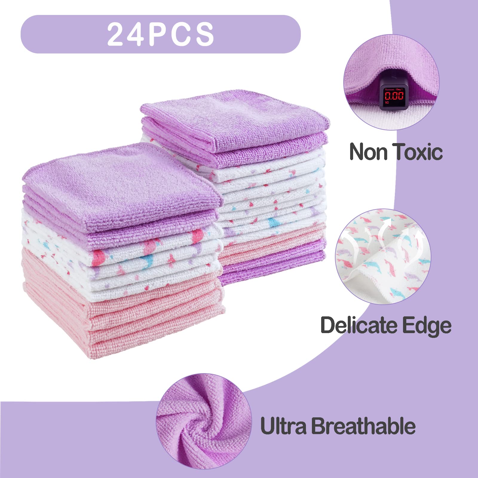 Viviland 24 Pack Ultra Soft Baby Washcloths - Gentle Bath Towels for Newborn & Infant Skin Care - 9x9 Inch Pink Whale Pattern Wash Cloths for Baby Girls & Boys - Perfect for Bath Time, Face Cleaning & Sensitive Skin Care