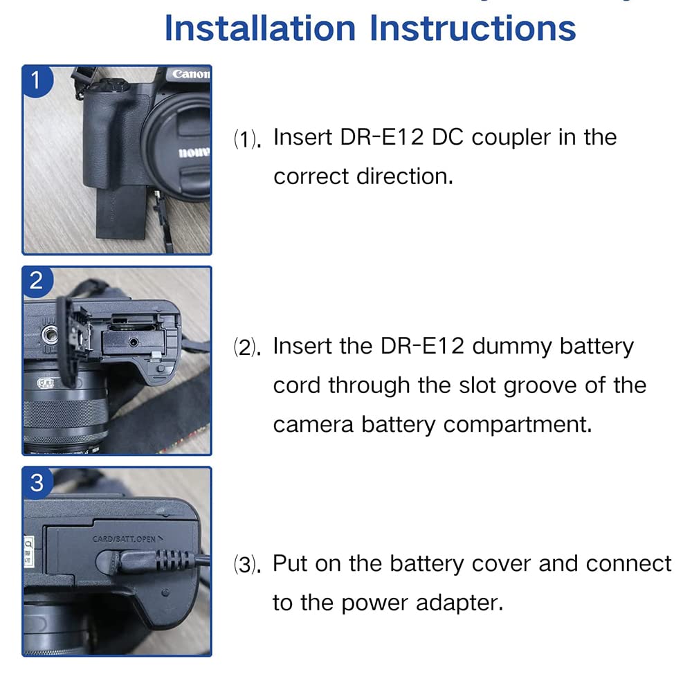 Canon EOS M50 M50 Mark II M200 M100 LP-E12 Dummy Battery & ACK-E12 DC Coupler Power Adapter Kit - Continuous Power Supply for Vlogging, Live Streaming & Photography