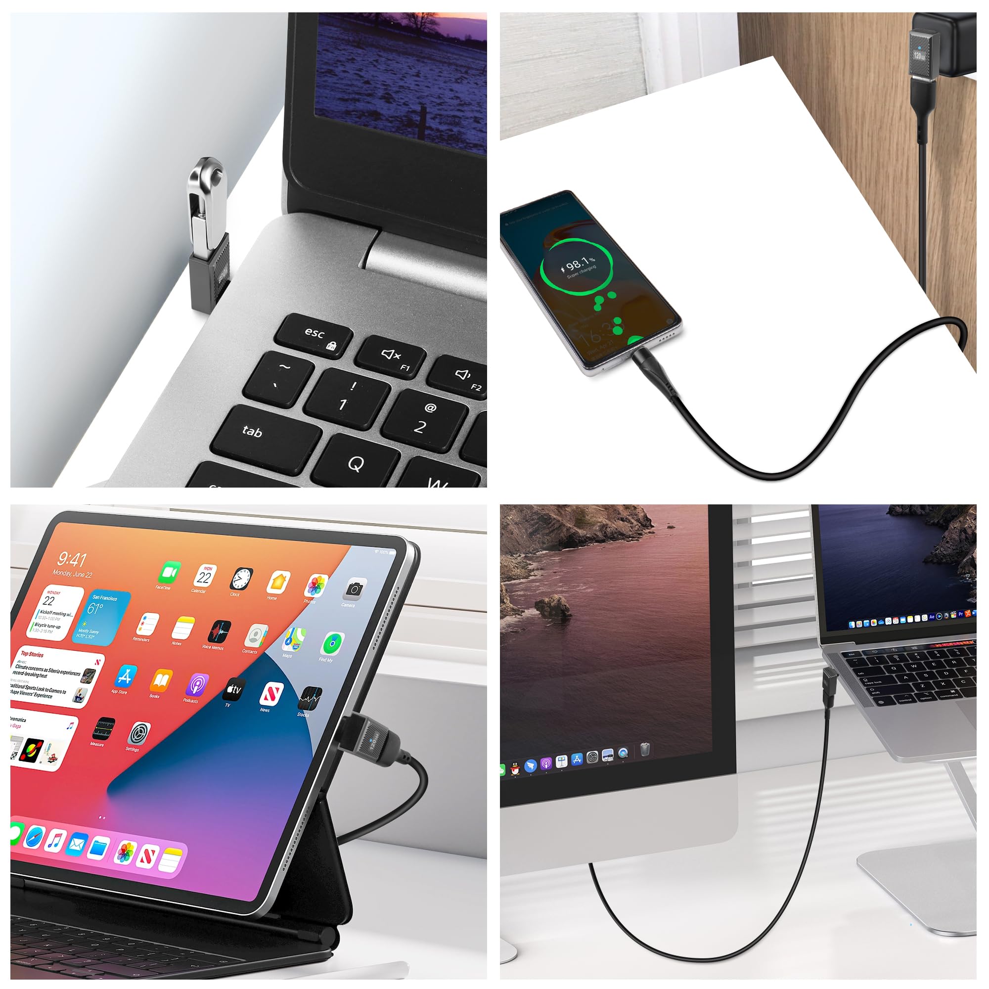 90° USB C to USB Adapter - 10Gbps 120W Fast Charging for Laptop & Phone (2-Pack)