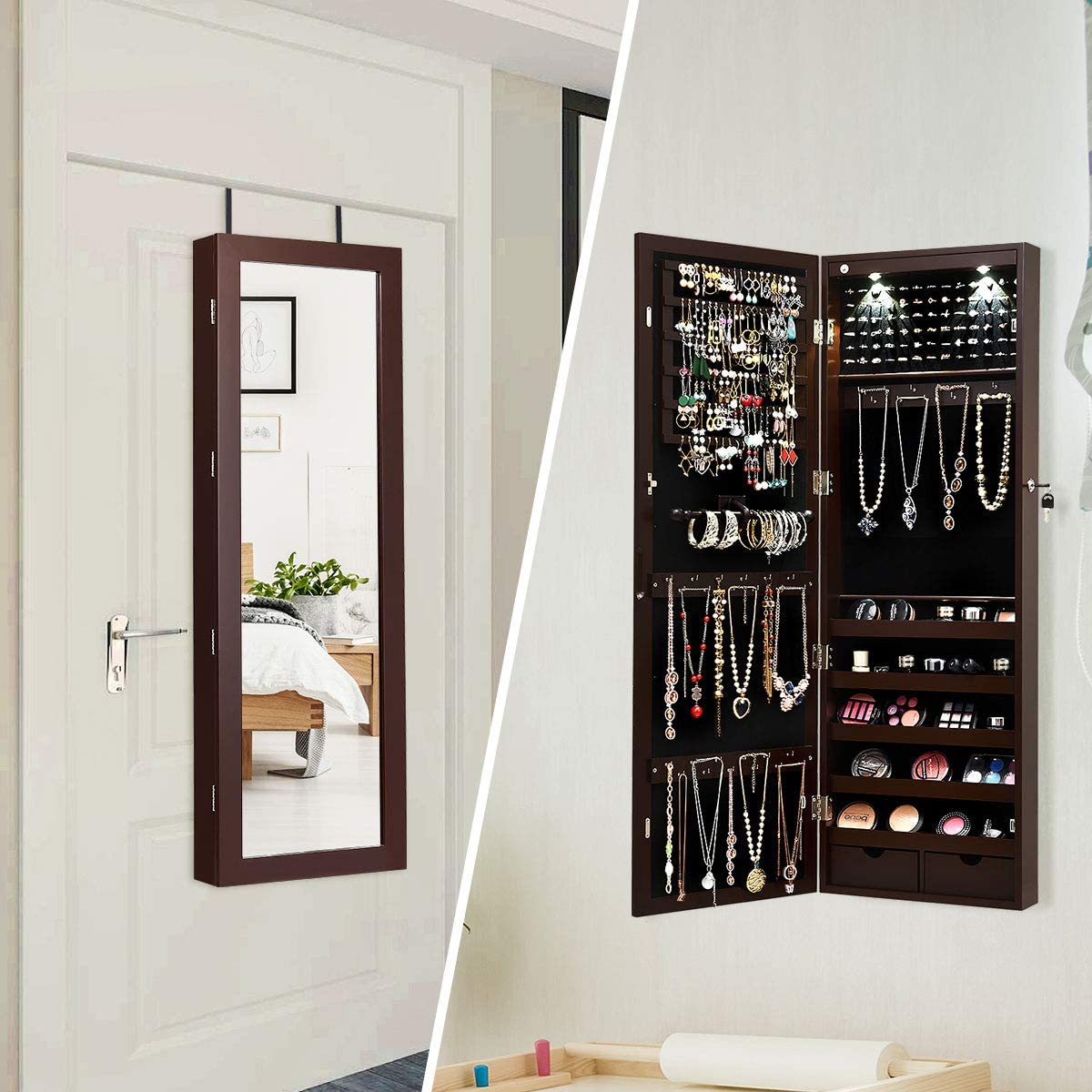 MAT EXPERT Wall/Door Mounted Jewelry Armoire with LED Lights - Lockable Jewelry Cabinet, Full-Length Mirror & Drawers - Jewelry Organizer for Necklaces, Rings & Makeup (Brown) - Perfect for Bedroom, Closet & Dressing Room Storage