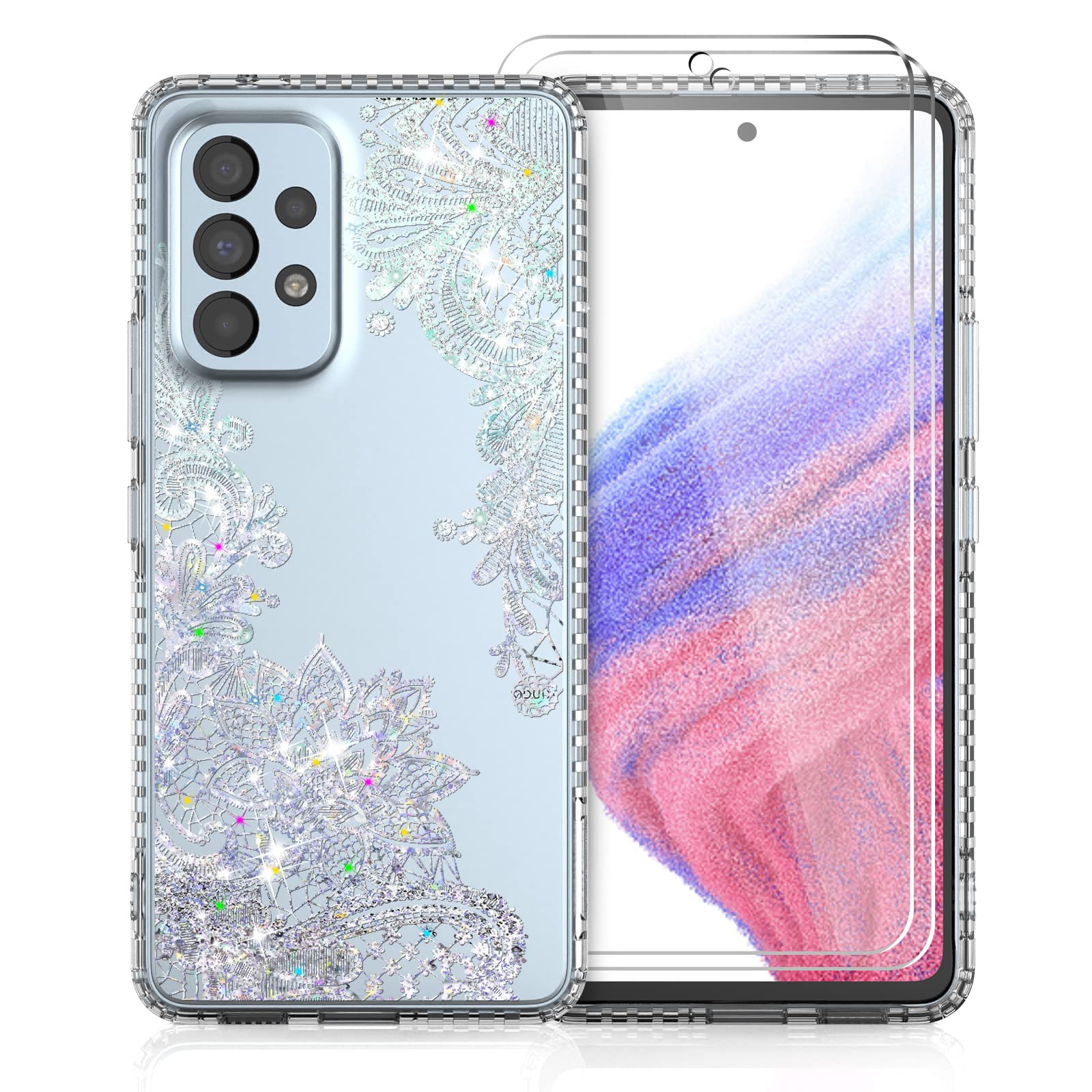 KSWOUS Samsung Galaxy A53 5G Case with Screen Protector [2 Pack] - Crystal Clear Lace Floral Design, Hard PC Back & Soft TPU Bumper Protective Phone Cover for Women & Girls | Perfect for Everyday Use, Work & School