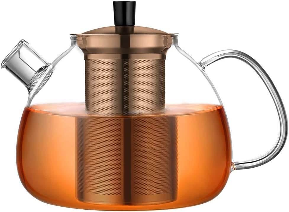 51oz Large Glass Teapot with Infuser - Stovetop Safe Loose Leaf Tea Pot, 1500ml Clear Glass Tea Kettle with Strainer for Stove Top (6 Cups, Bronze) - Perfect for Home, Office & Tea Ceremonies
