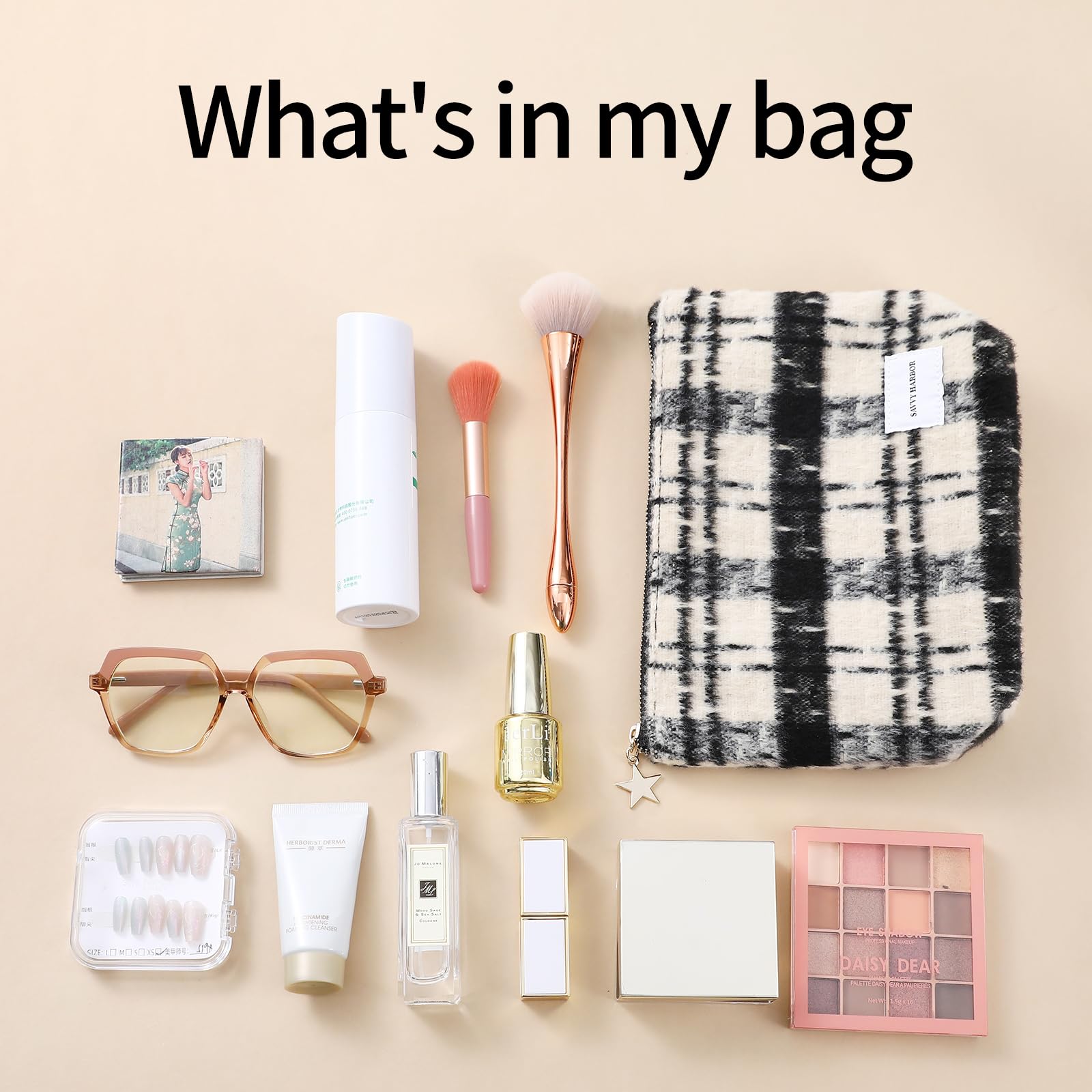 Elegant Beige Checkered Makeup Bag with Zipper - Roomy Travel Cosmetic Organizer & Toiletry Pouch for Women | Perfect Gift for Travel, Gym, and Daily Beauty Storage