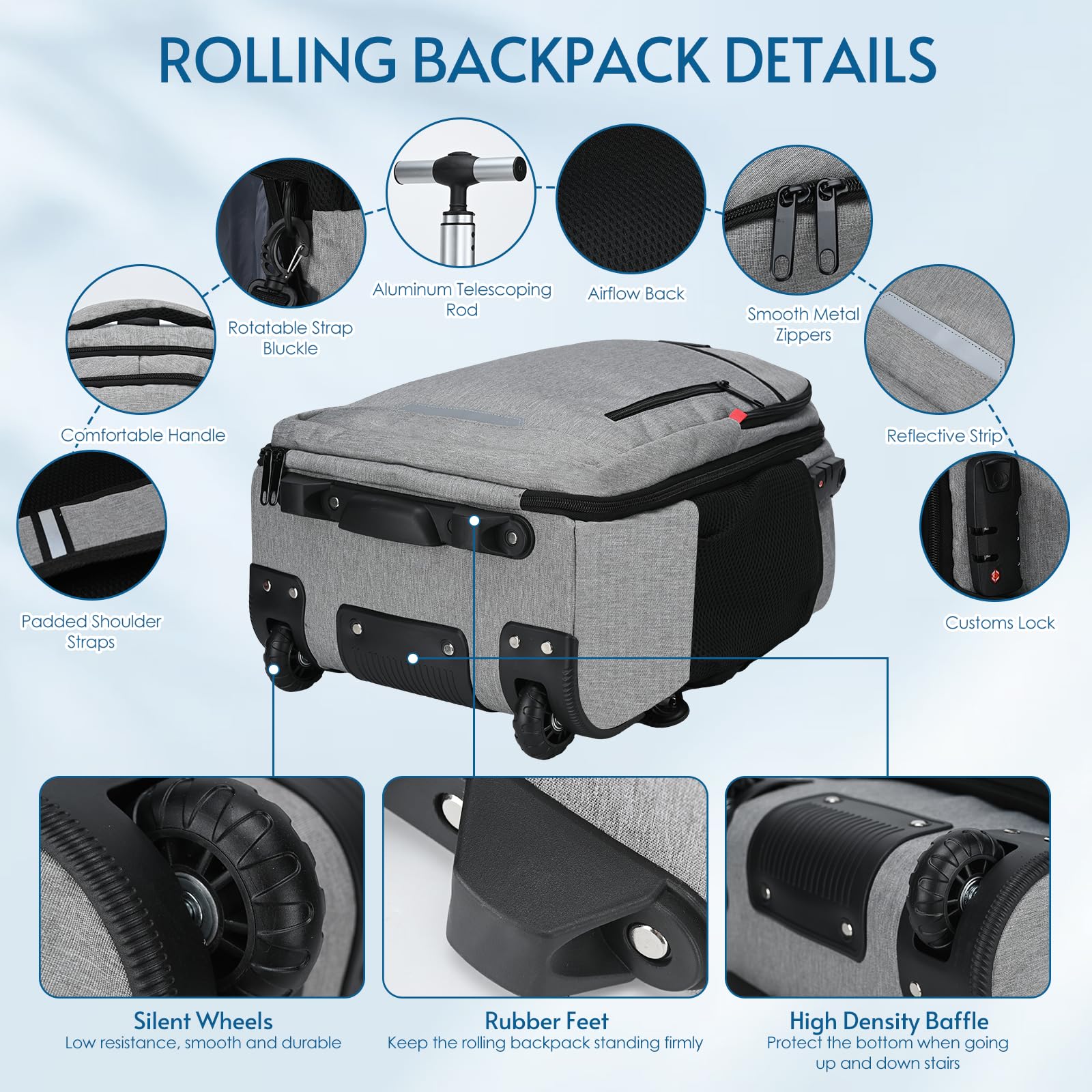 Lychee Concealable Rolling Backpack - 20 Inch Waterproof Wheeled Laptop Backpack for Business Travel with Invisible Shoulder Straps - Durable Grey Suitcase Alternative for Commuters & Airplane Carry-On