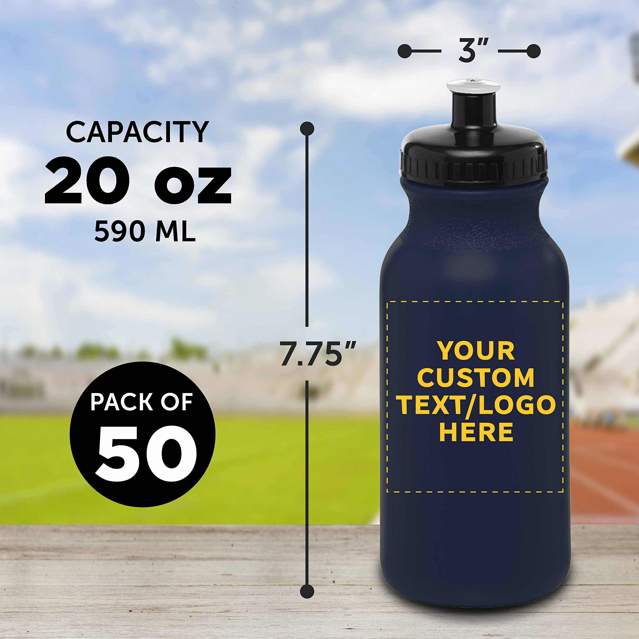 Custom 20 oz. Water Bottles with Push Cap - Bulk Pack of 50 Personalized Navy Blue Sports Bottles | Ideal for Gym, Hiking, Camping & Outdoor Activities | Reusable Hydration for Fitness, Travel & Sports Teams