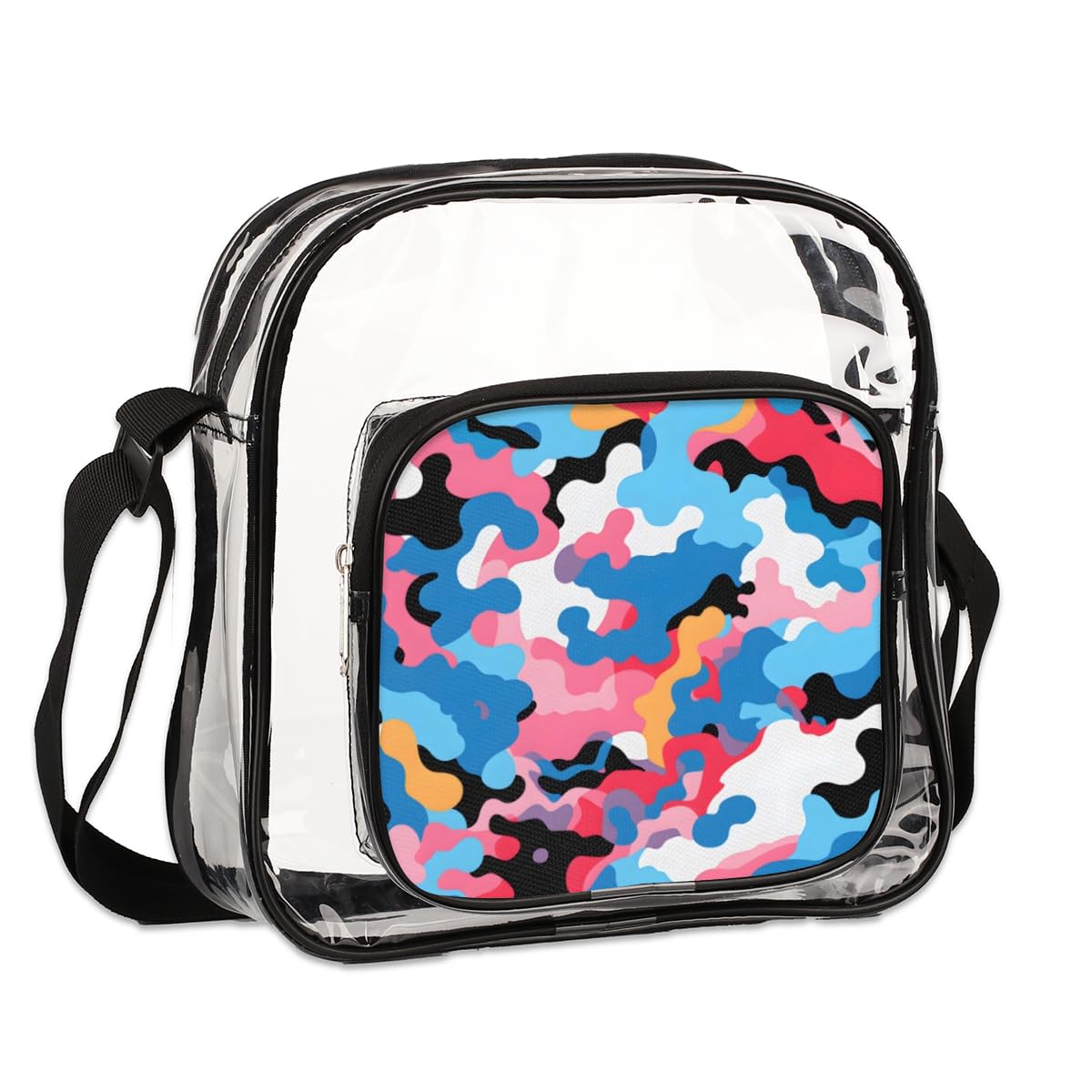 Mularoka Colorful Camouflage Clear Crossbody Purse Bag for Women & Men - Stadium Approved Transparent Shoulder Bag for Concerts, Festivals & Sports Events - Trendy Camo Design for Everyday Use & Special Occasions