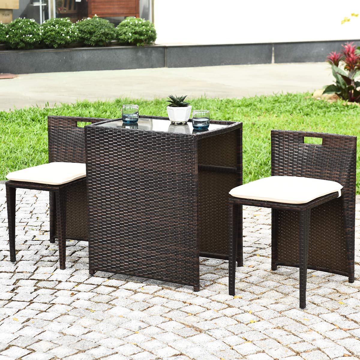 Tangkula 3-Piece Brown Outdoor Rattan Dining Set - Patio Bistro Table with Tempered Glass & Cushioned Wicker Chairs - No Assembly Required - Space Saving Furniture for Courtyard, Balcony, Garden, Backyard & Small Outdoor Spaces