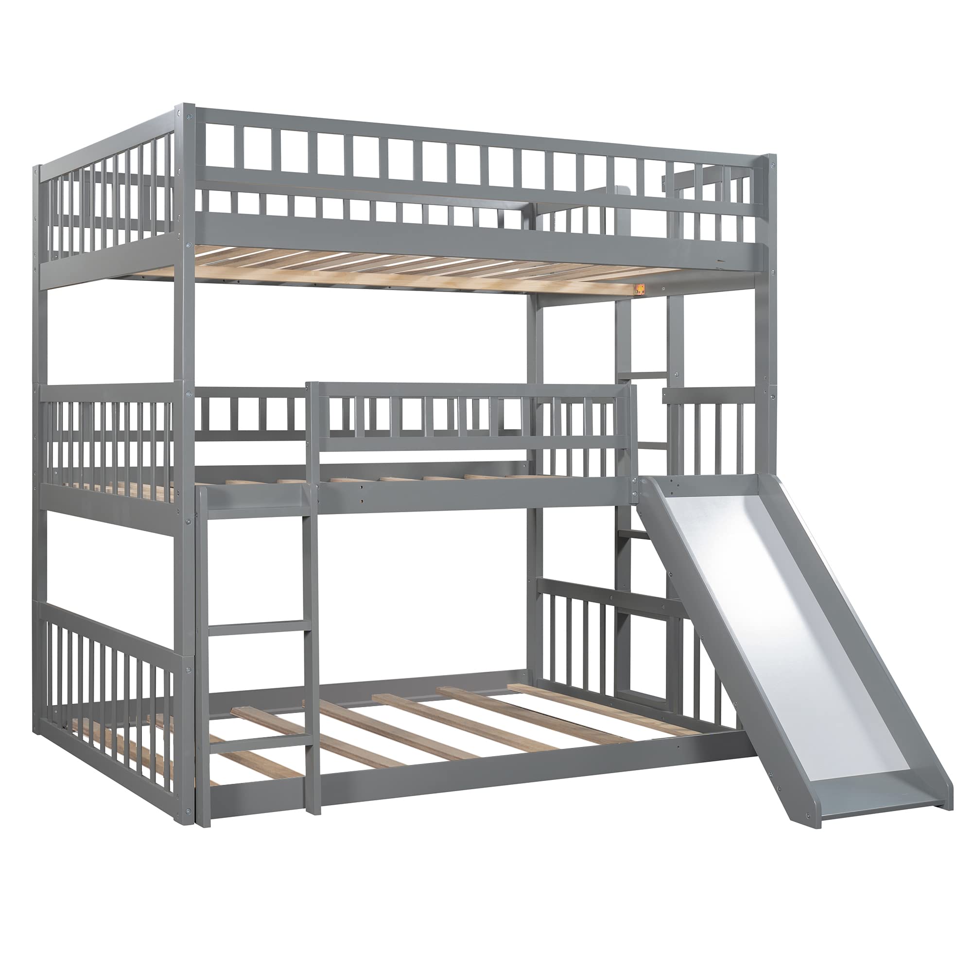 Harper & Bright Designs Triple Bunk Beds with Slide - Full Over Full Over Full Wooden Bunk Bed Frame with Built-in Ladder for Kids, Teens & Adults - Space Saving Bedroom Furniture for Small Rooms, Dorms, Vacation Homes & Shared Kids' Rooms (Gray)