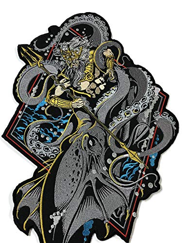 Large Embroidered Back Patch - Poseidon vs Kraken Mythological Battle Design | Perfect for Denim Jackets, Biker Vests & DIY Punk Fashion