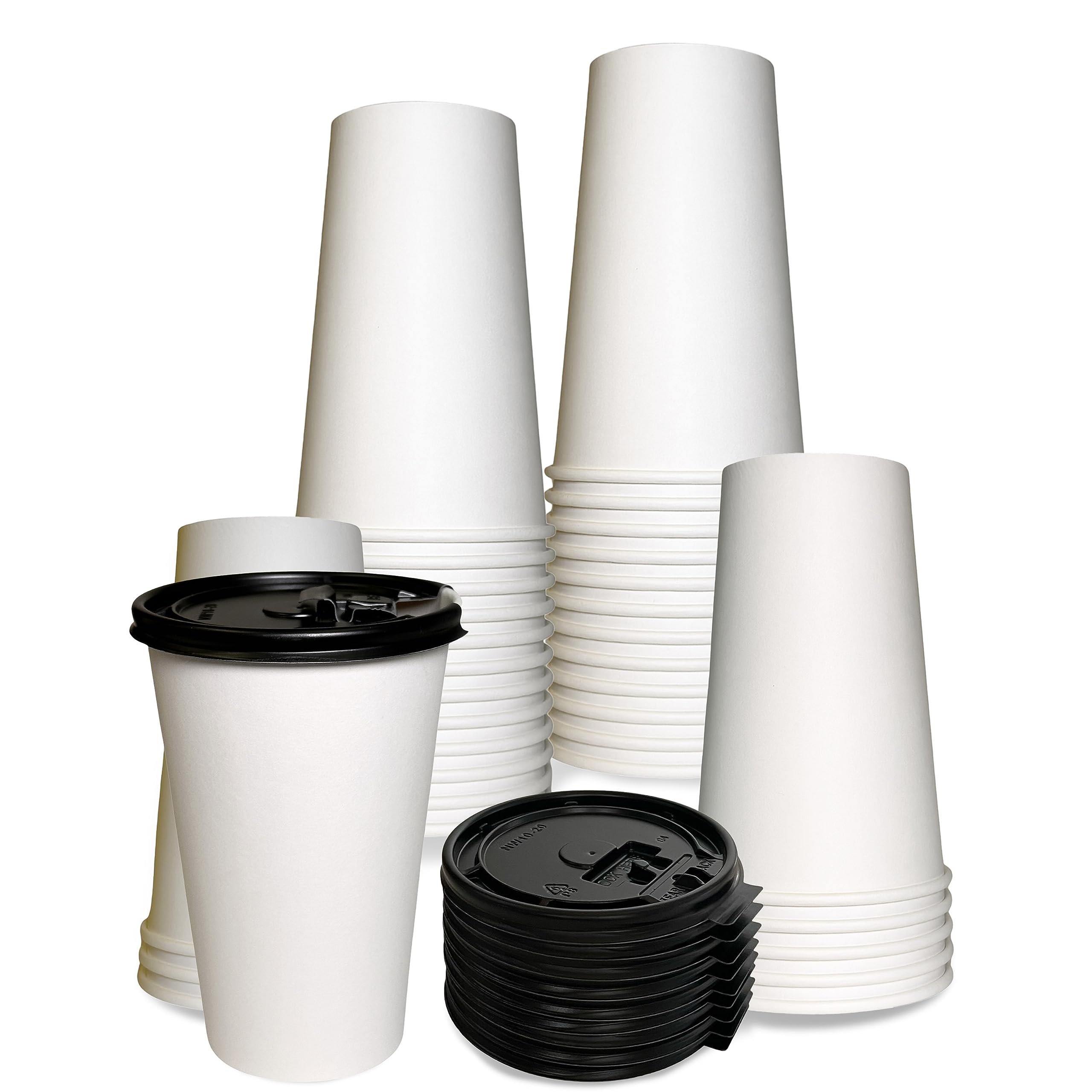 16 oz Disposable White Paper Coffee Cups with Black Flat Lids - 250 Pack Recyclable Hot & Cold Drink Cups for Coffee, Tea, Water - Perfect for Office Breakroom, Travel, Picnics & Outdoor Events