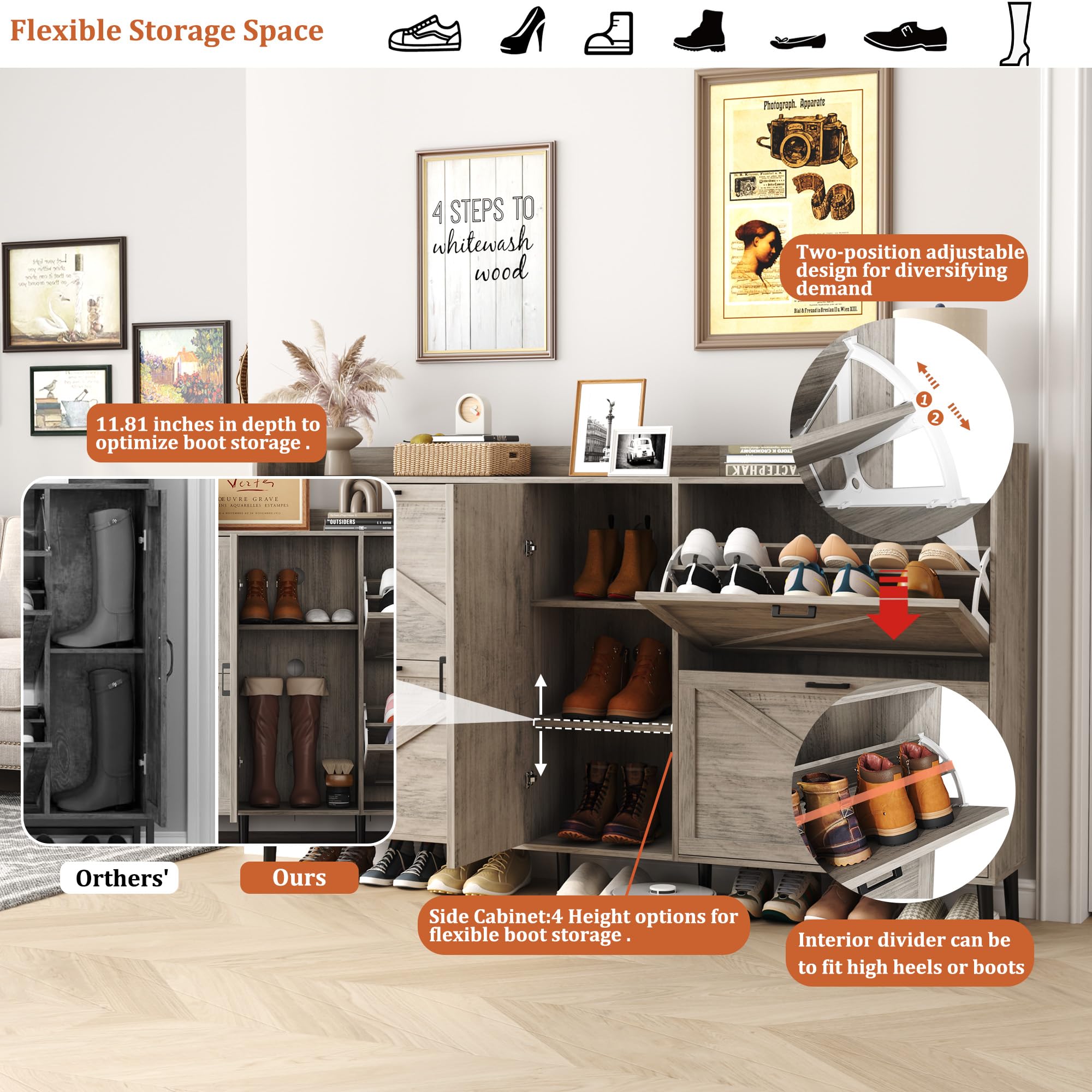HOMEFORT Large Shoe Cabinet with 4 Flip Drawers - Farmhouse Narrow Entryway Shoe Organizer | Adjustable Side Cabinet for Boot Storage | 6 Wood Legs in Washed Gray | Perfect for Small Spaces, Hallways & Mudrooms