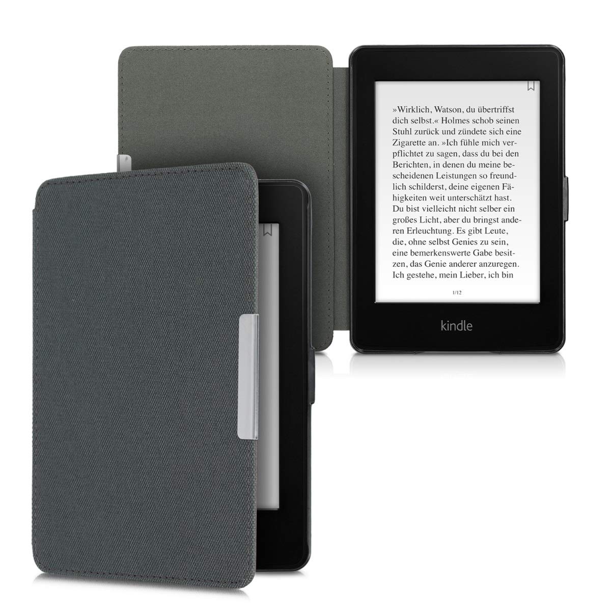 kwmobile Protective Case for Amazon Kindle Paperwhite - Durable Nylon e-Reader Cover with Folio Book Style Design in Anthracite - Perfect for Reading, Travel & Daily Commute