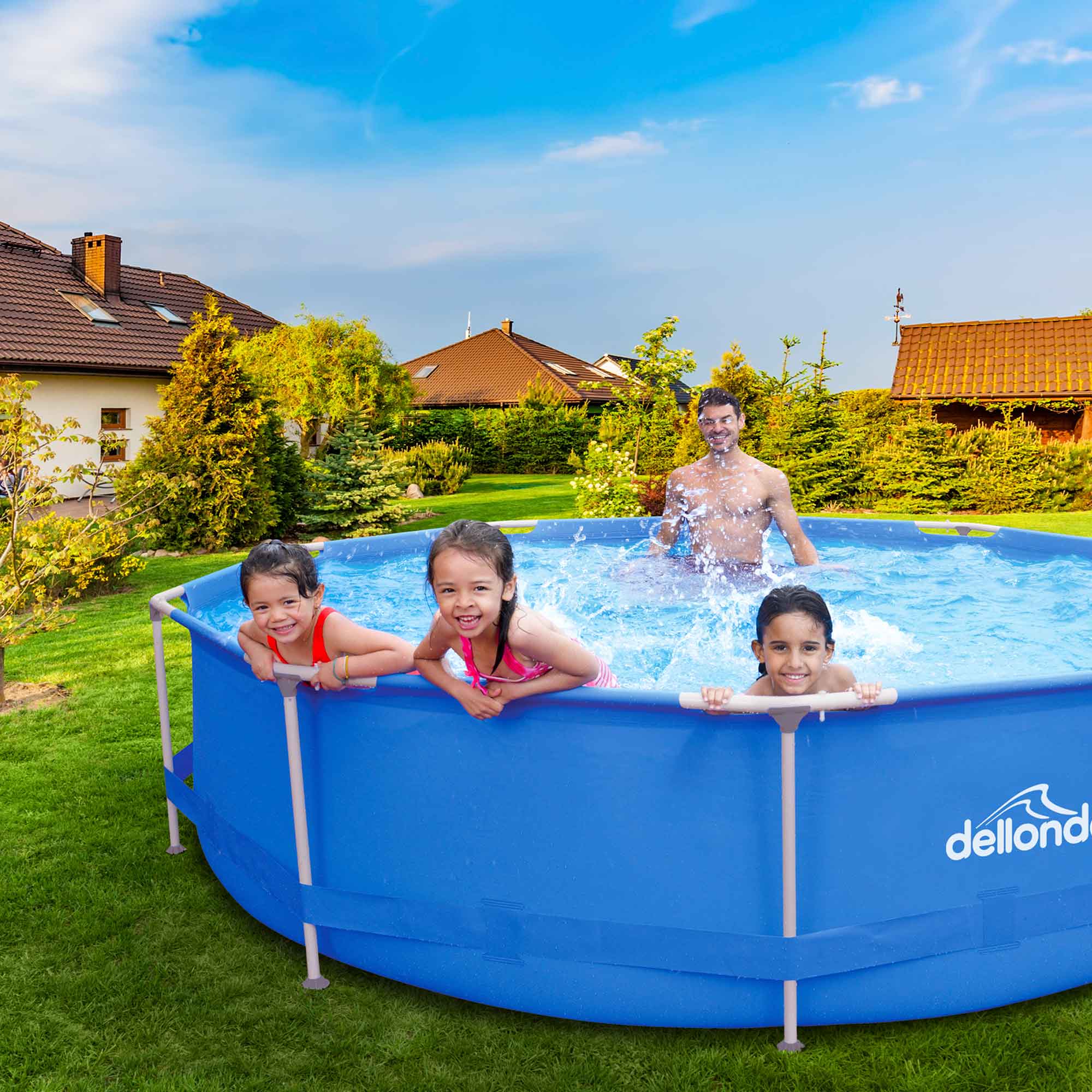 Dellonda 12ft Round Steel Frame Above Ground Swimming Pool with Filter Pump - Blue Outdoor Family Pool for Backyard, Garden & Summer Fun DL20