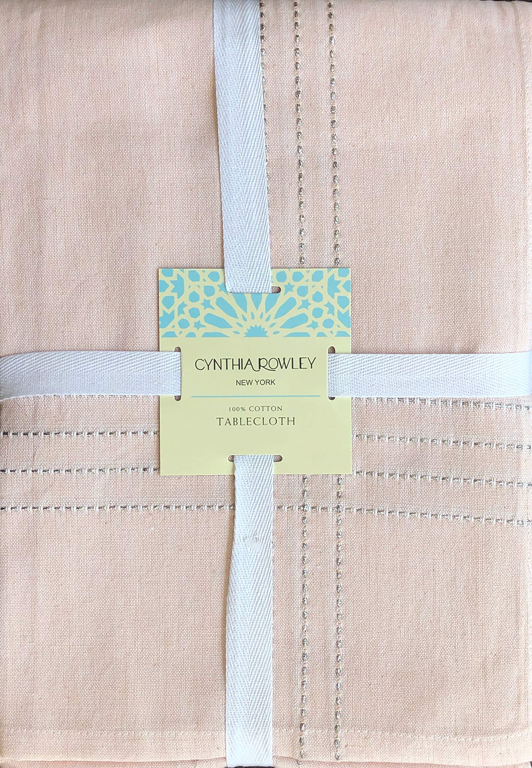 Cynthia Rowley Light Rose Pink Fabric Tablecloth with Silver Lurex Stripes - Teshi Chambray, 60x108 Inches - Perfect for Wedding, Party & Formal Dining Decor