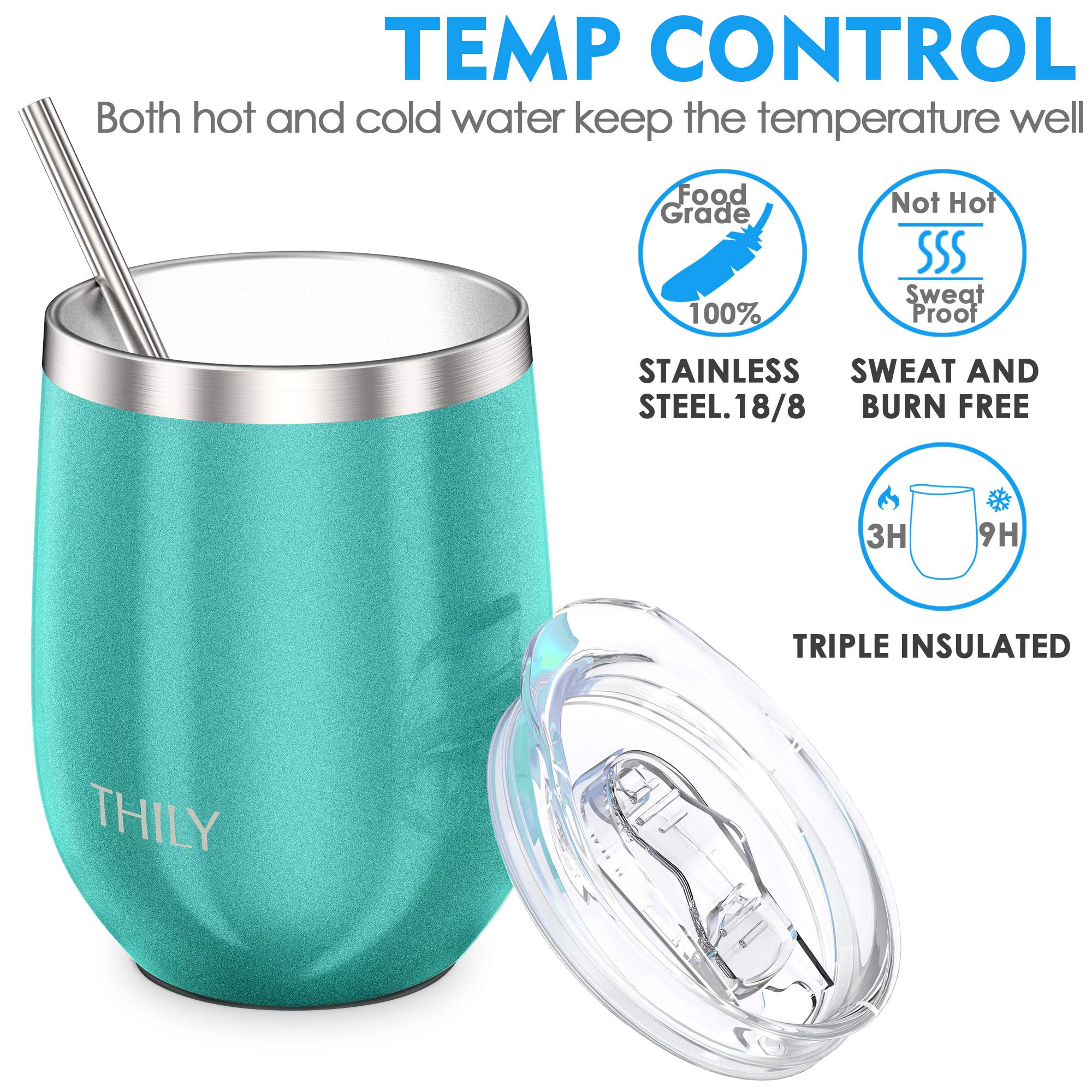 THILY 4-Pack Stainless Steel Stemless Wine Glasses - Vacuum Insulated Travel Wine Tumblers with Splash-Proof Lids & Reusable Straws - Keeps Drinks Cold or Hot for Wine, Coffee, Tea - Perfect for Picnics, Camping, and Outdoor Parties