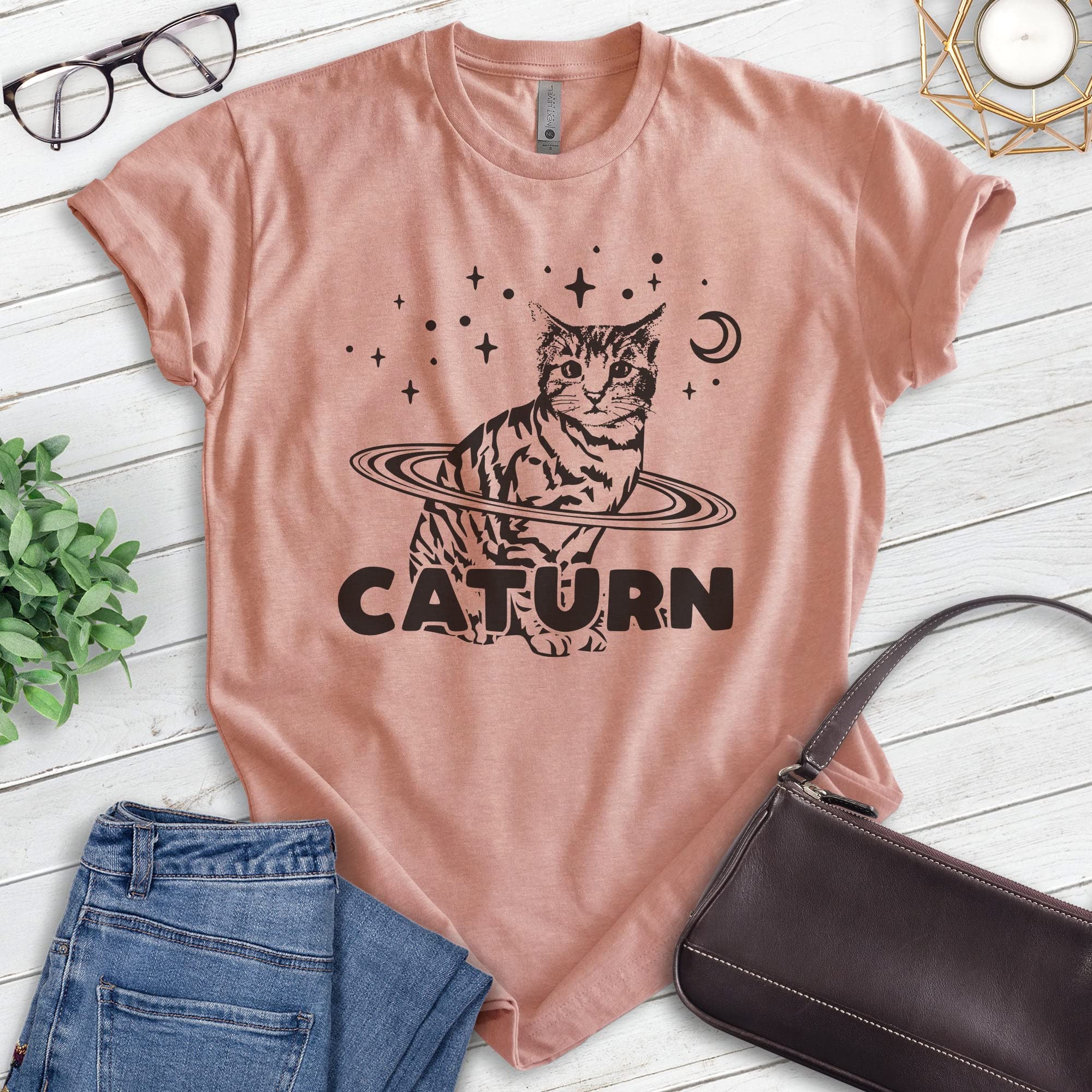 EVERTREE CLOTHING Caturn Graphic T-Shirt - Unisex Cat Lover Tee with Kitten Design for Women & Men | Perfect for Casual Wear, Cat Themed Parties & Animal Lover Gifts