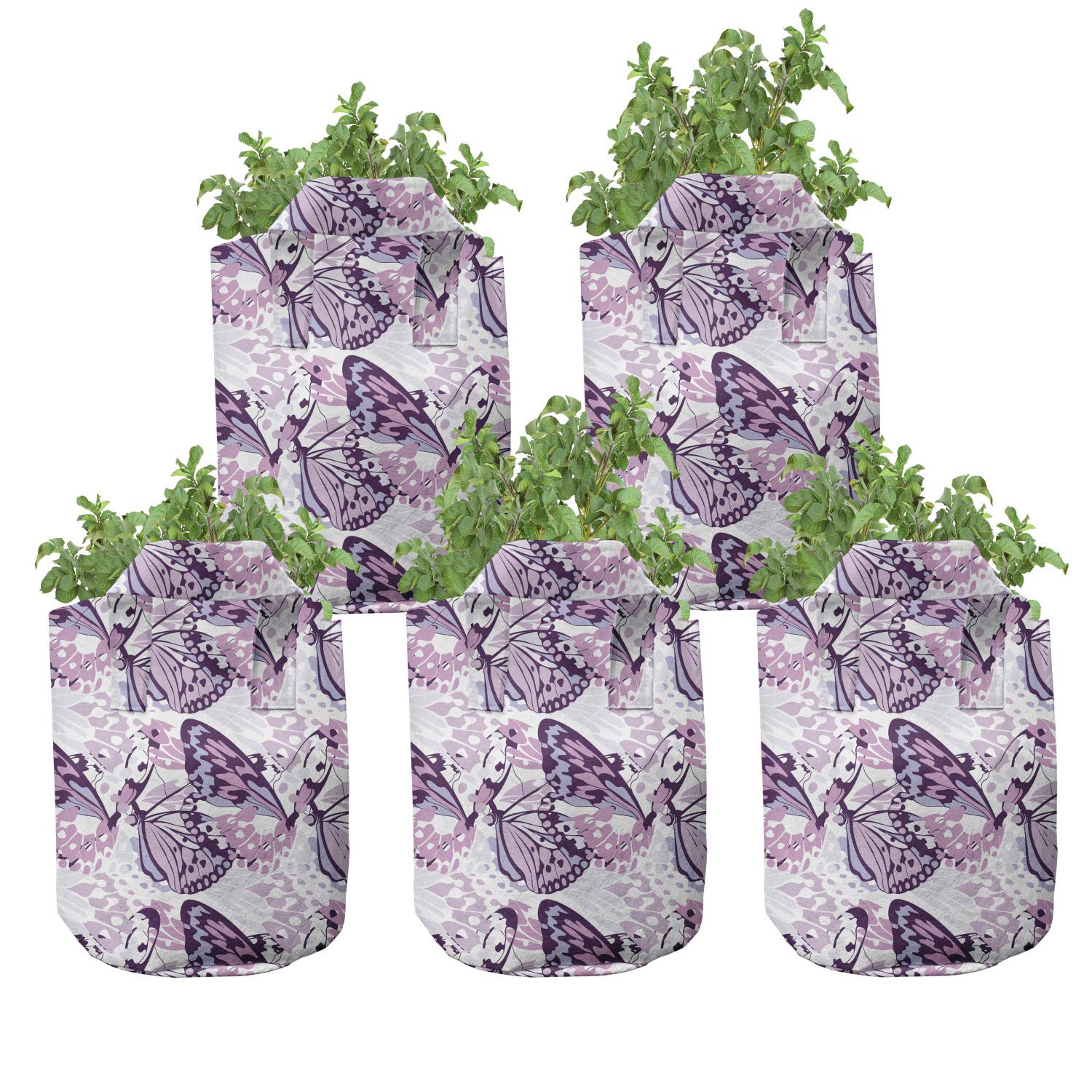 Ambesonne 5-Pack Butterfly Grow Bags - Heavy Duty Fabric Plant Pots with Handles, Colorful Silhouette Art Design in Charcoal Blue | Perfect for Indoor/Outdoor Gardening, Herbs, Vegetables & Flowers