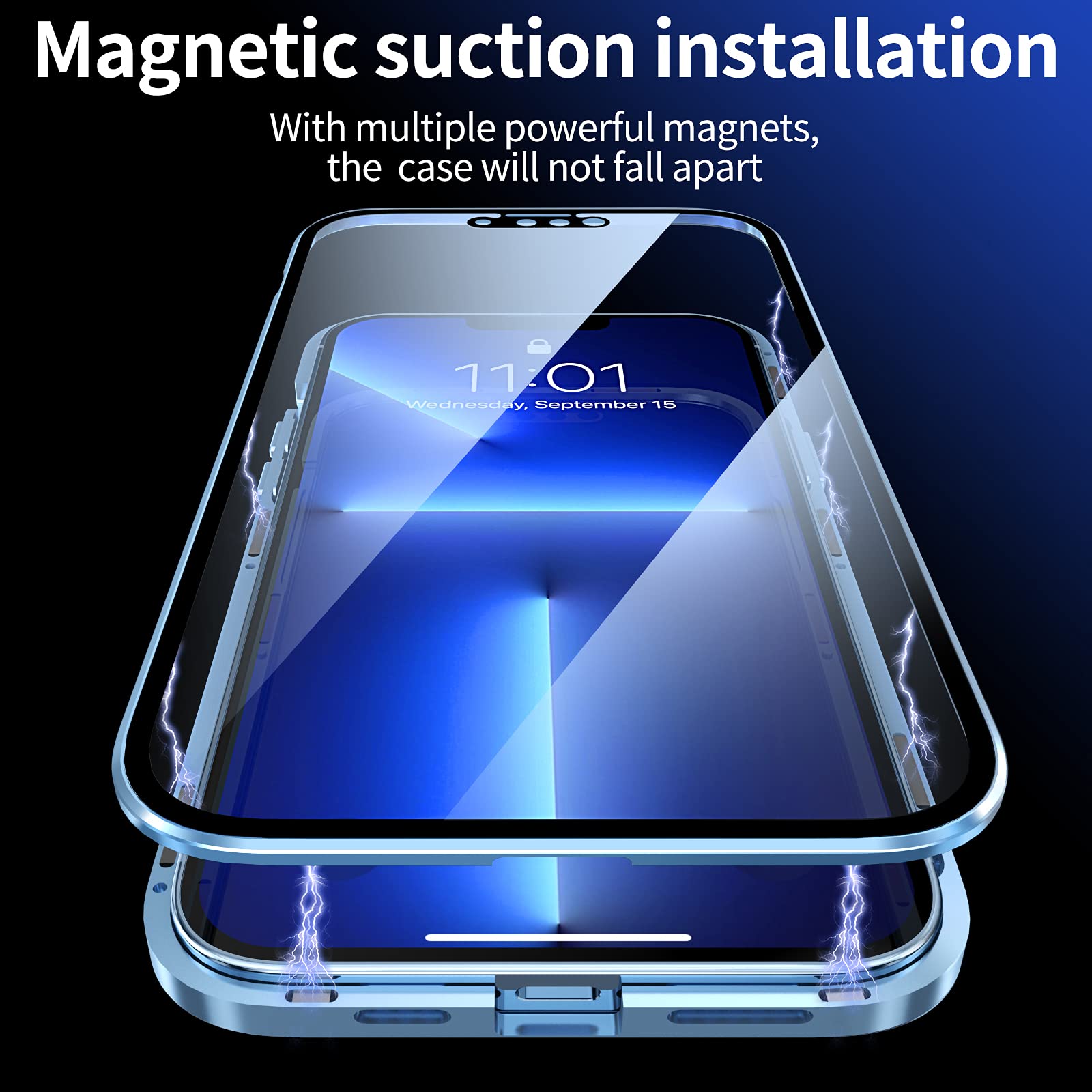 Premium iPhone 13 Case with Safety Lock & Strong Magnetic Adsorption - 360° Full Body Protection, Metal Bumper & Double-Sided Tempered Glass Camera Lens Protector (Blue) | Perfect for Outdoor Adventures, Work & Daily Use