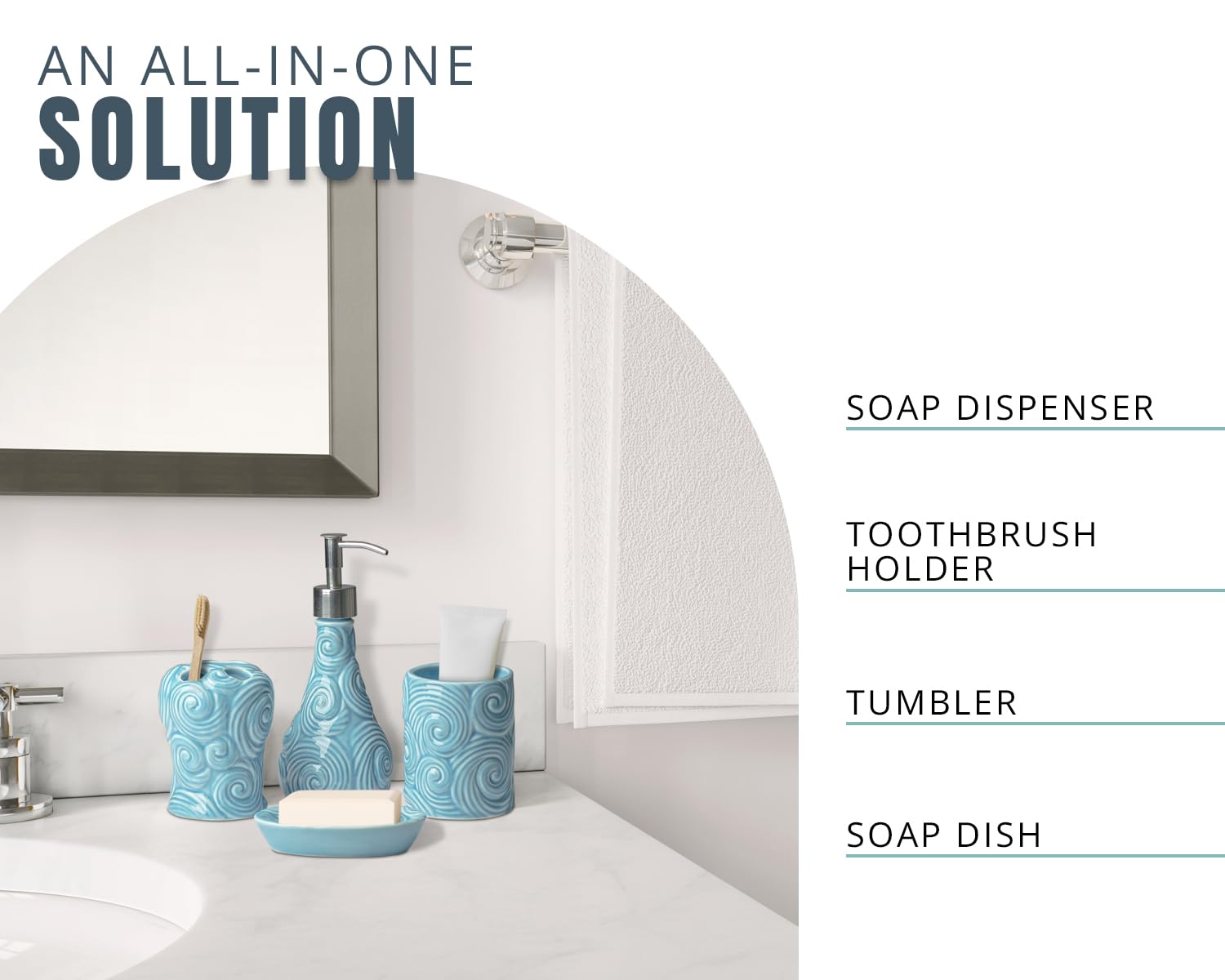 Luxury 4-Piece Bathroom Set - Porcelain Soap Dispenser, Toothbrush Holder, Tumbler & Soap Dish - Glossy Aqua Blue Ocean Waves Design - 15.6oz Capacity - Perfect for Bathroom Organization & Spa-Like Decor