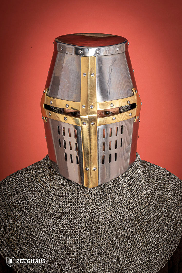 Medieval Crusader Great Helmet 1.6mm Steel with Brass Accents - Authentic Knight Armor for LARP, Cosplay & Historical Reenactment