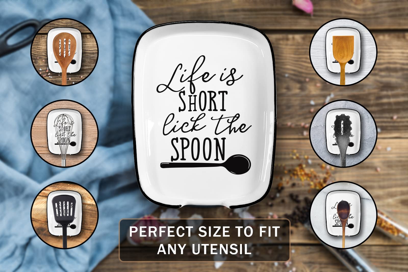 Funny Life is Short Lick the Spoon Ceramic Spoon Rest for Stove Top, Modern Farmhouse Kitchen Cute Decor, Perfect for Cooking and Baking on Kitchen Counter