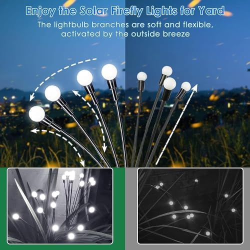 OZS 12-Pack 96LED Solar Garden Lights - Waterproof Solar Firefly & Swaying Fairy Lights for Outdoor Pathway, Yard, and Patio Decoration (Cool White) | Wind-Activated Dancing Lights for Garden, Lawn, and Landscape Lighting