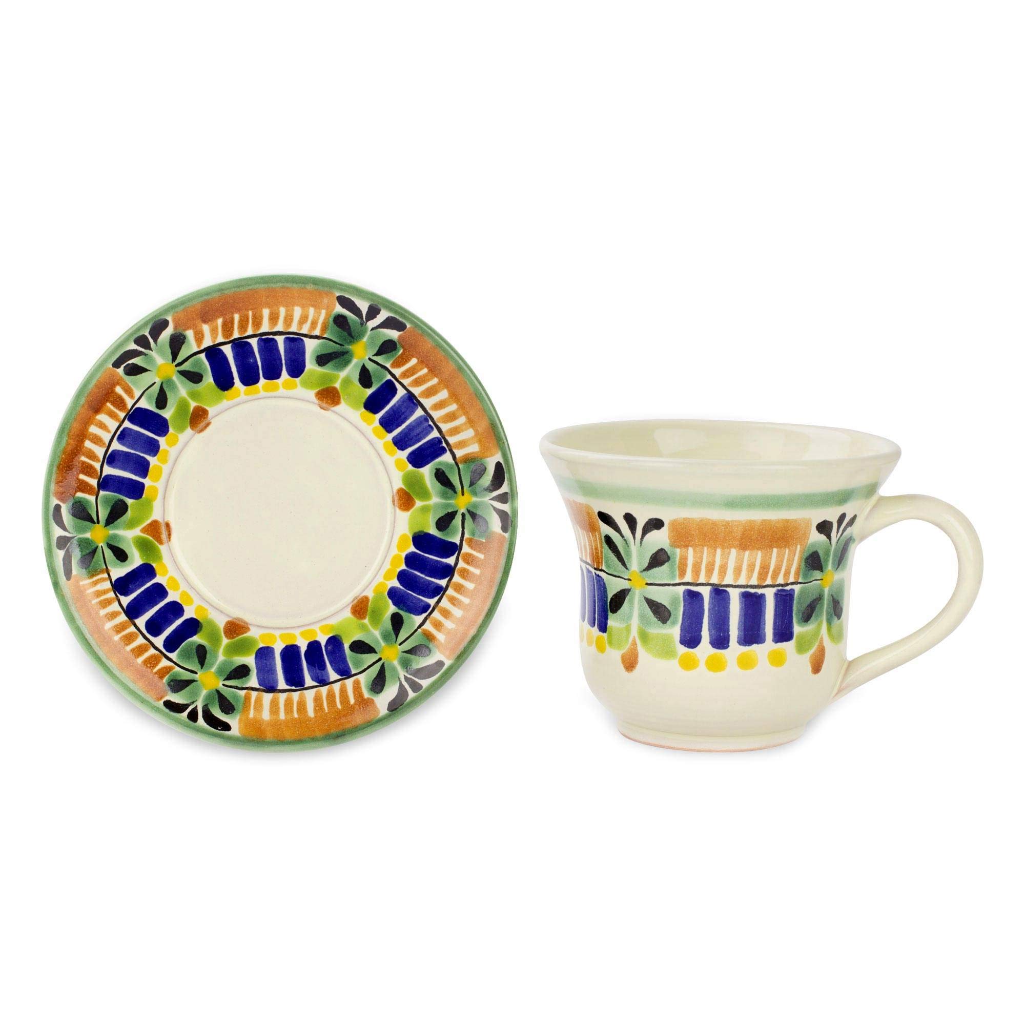 NOVICA Acapulco Floral Ceramic Tea Cup and Saucer Set - 17 Oz (2 Pieces) - Handcrafted Mexican Pottery for Afternoon Tea, Coffee, or Home Decor