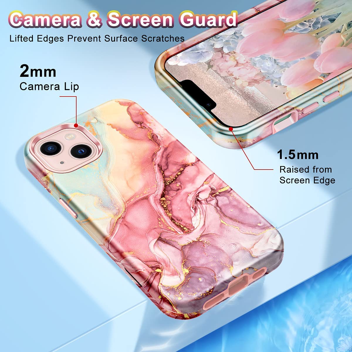Premium iPhone 13 Marble Pattern 3-in-1 Heavy Duty Shockproof Full Body Case - Protective Cover for Work, Travel & Outdoor Activities