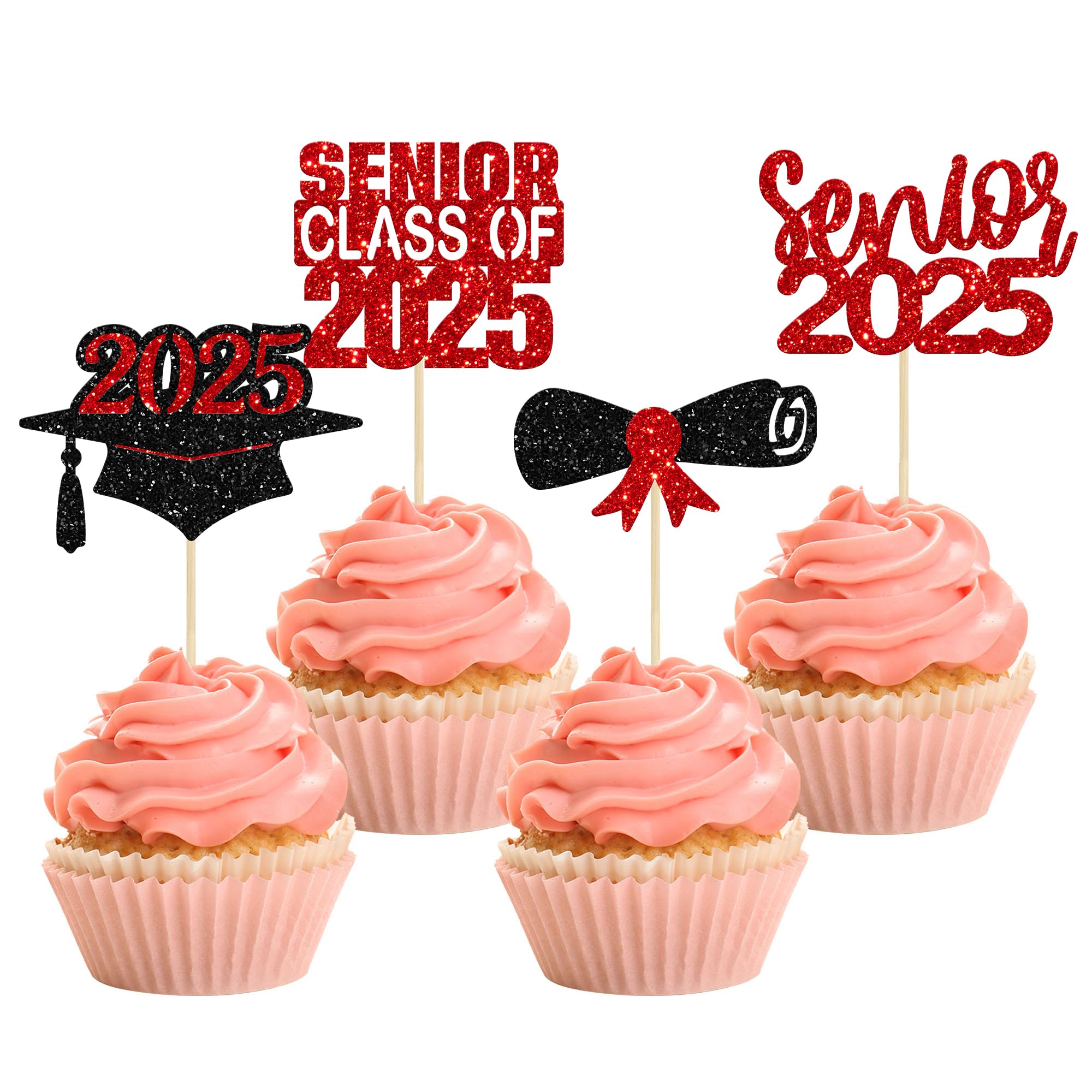 24 Pack 2025 Graduation Cupcake Toppers - Red Glitter Class of 2025 Senior Graduation Cap & Diploma Cake Decorations for Graduation Party, Birthday, School Celebration (24 Count)