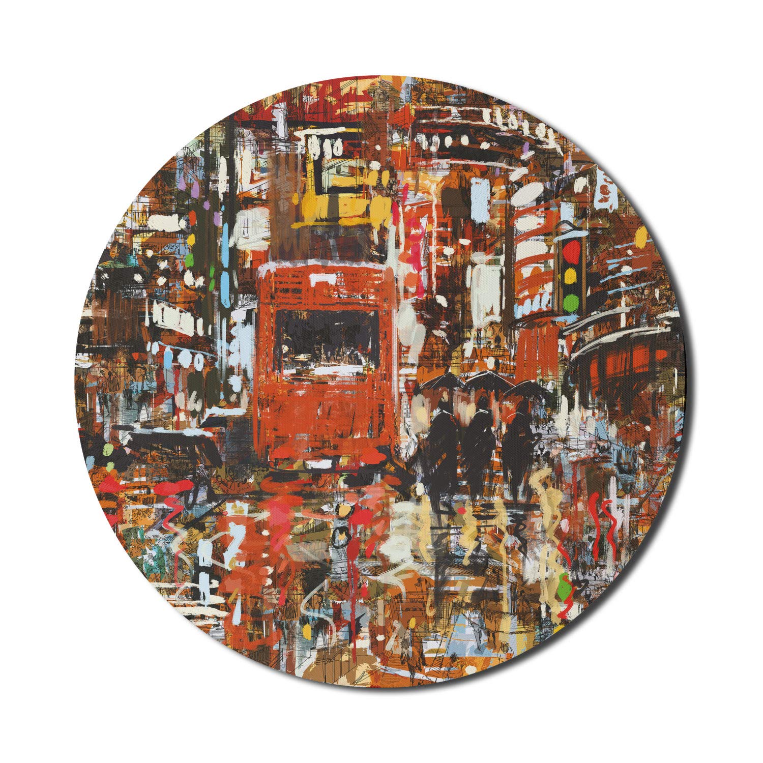 Ambesonne Round Gaming Mouse Pad - 8 Inch Non-Slip Rubber Base with Fantasy Urban Abstract Design (Tramway & City Crowd) for Computer, Office & Gaming - Perfect for Workstations, Home Office & PC Gaming Setups