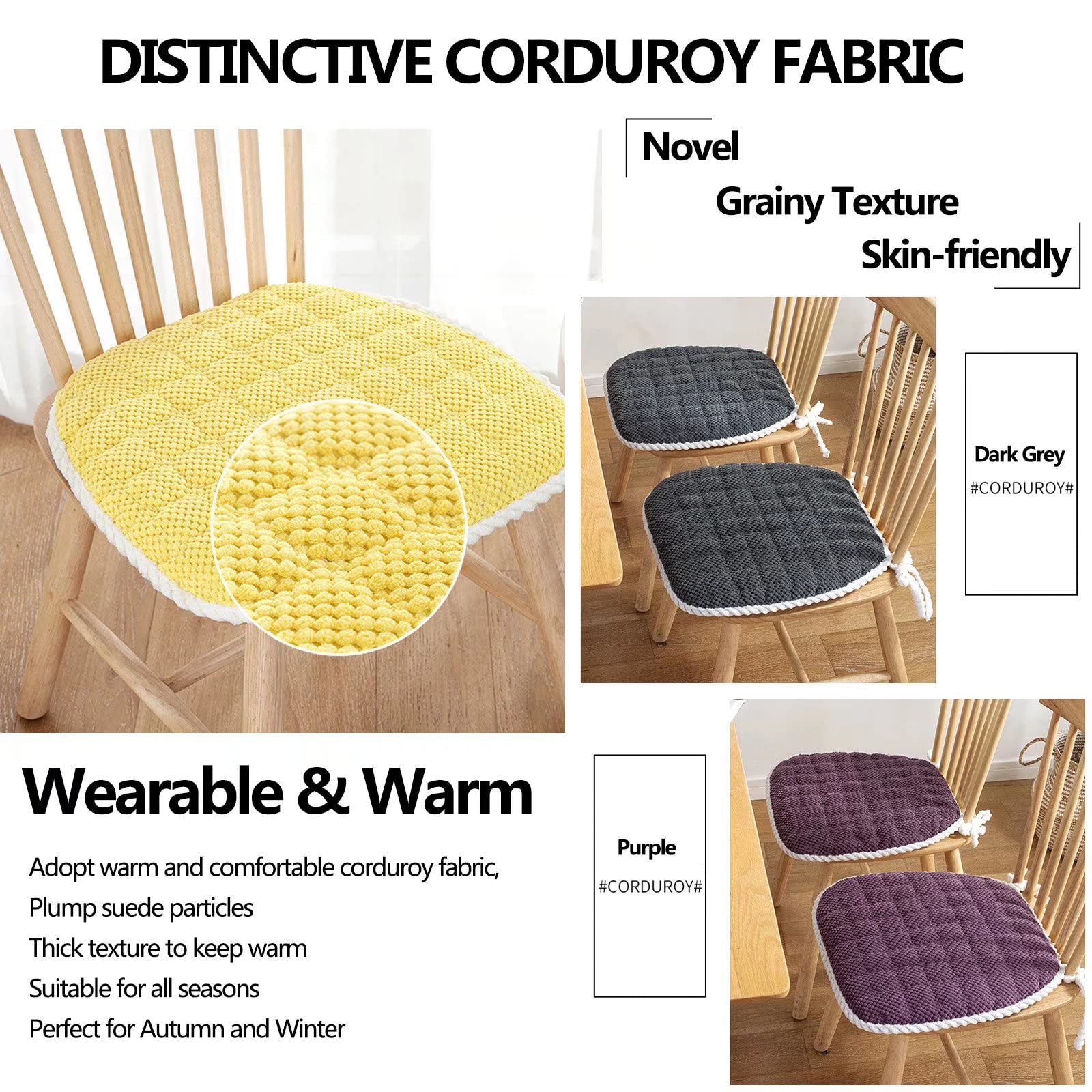 YSCO 6-Piece U-Shaped Kitchen Chair Cushions Set - Non-Slip Dining Room Chair Pads with Washable Covers & Secure Ties (Dark Grey) - Perfect for Home Dining, Kitchen, and Office Chairs