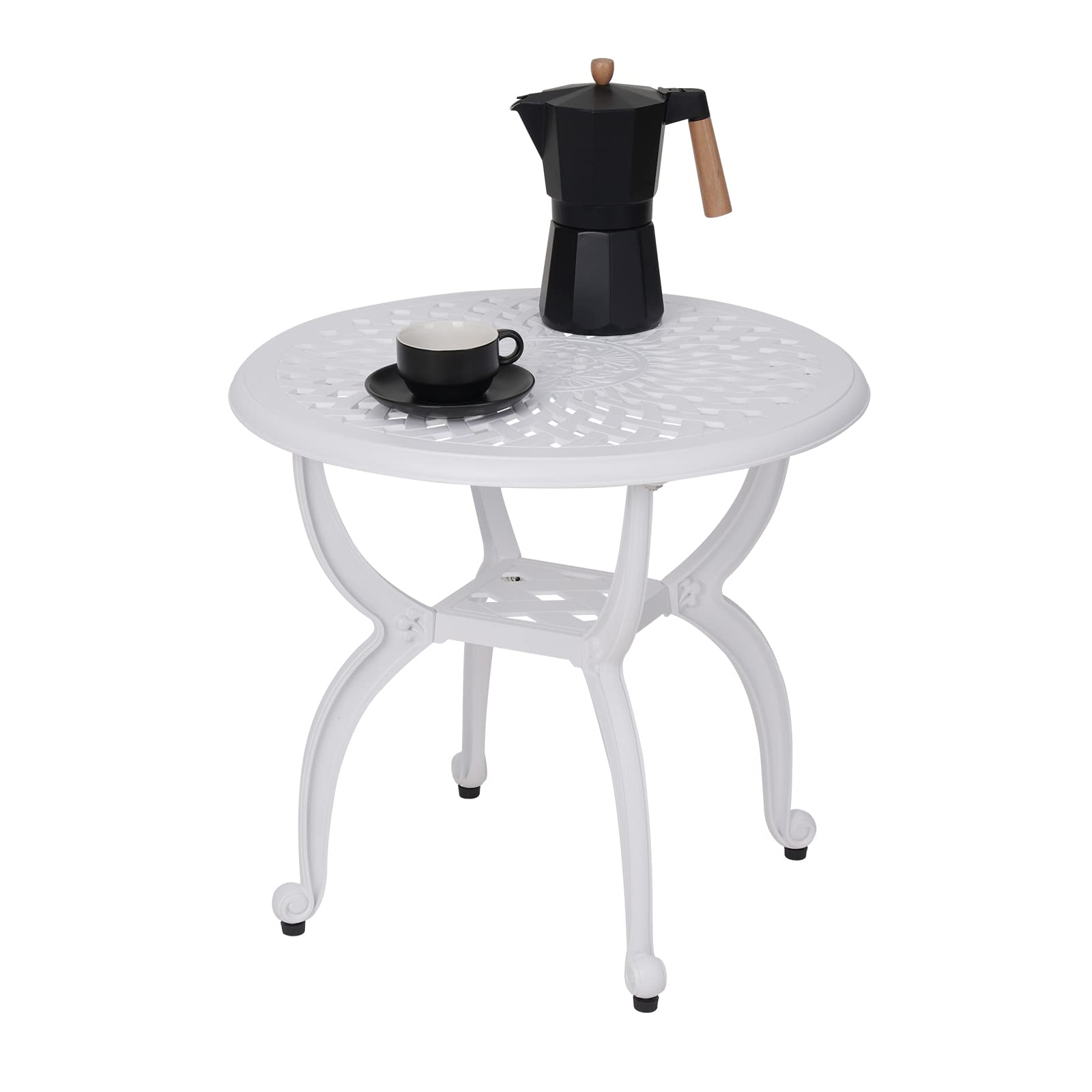 JARDIN DE CENTENNIAL Round White Cast Aluminum Outdoor Side Table - Rust-Resistant Patio End Table & Coffee Bistro Table for Garden, Porch, Balcony & Indoor Use - Perfect for Outdoor Entertaining & Relaxation