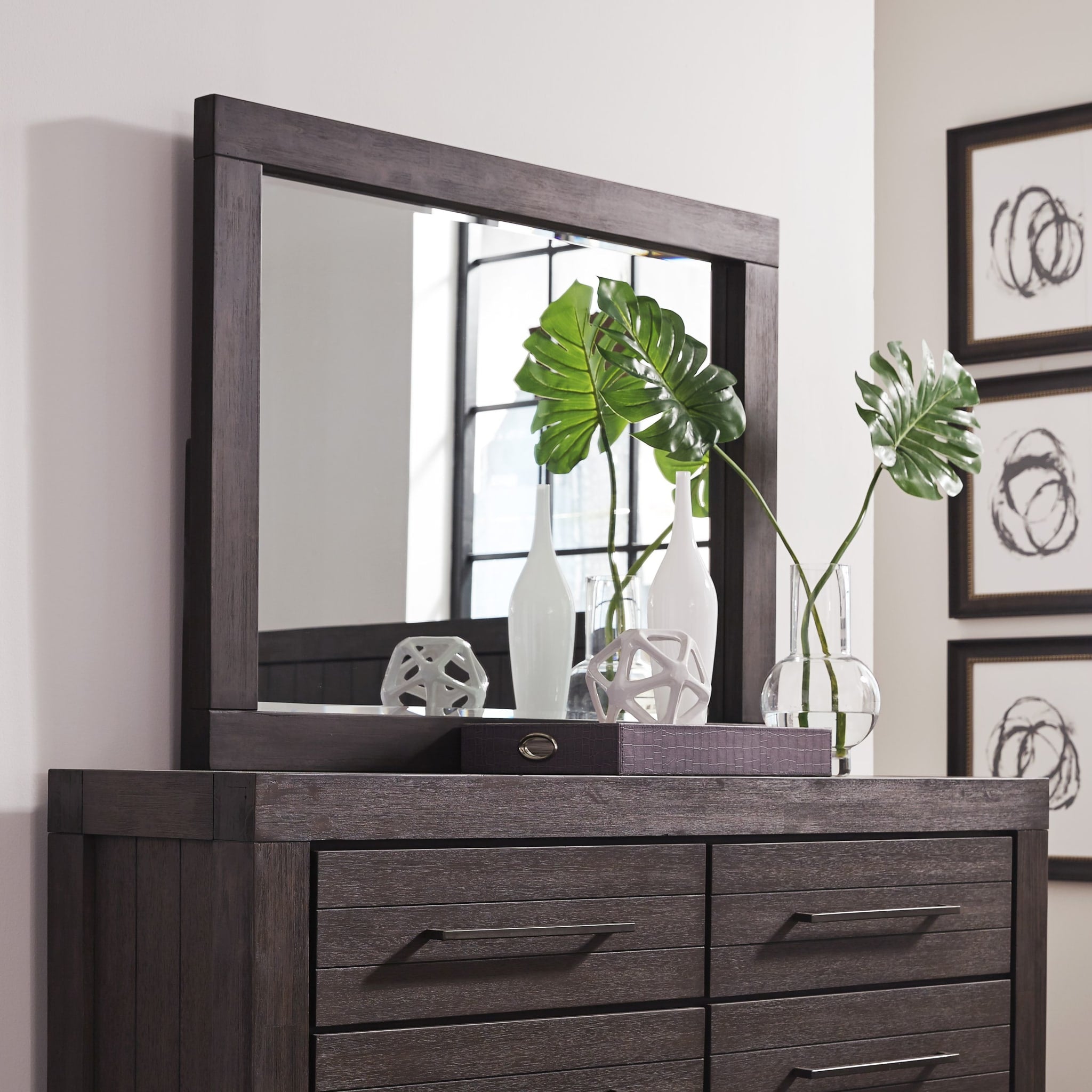 Heath Beveled Glass Wall Mirror in Basalt Grey - Elegant Decorative Mirror for Living Room, Bedroom, Bathroom & Entryway