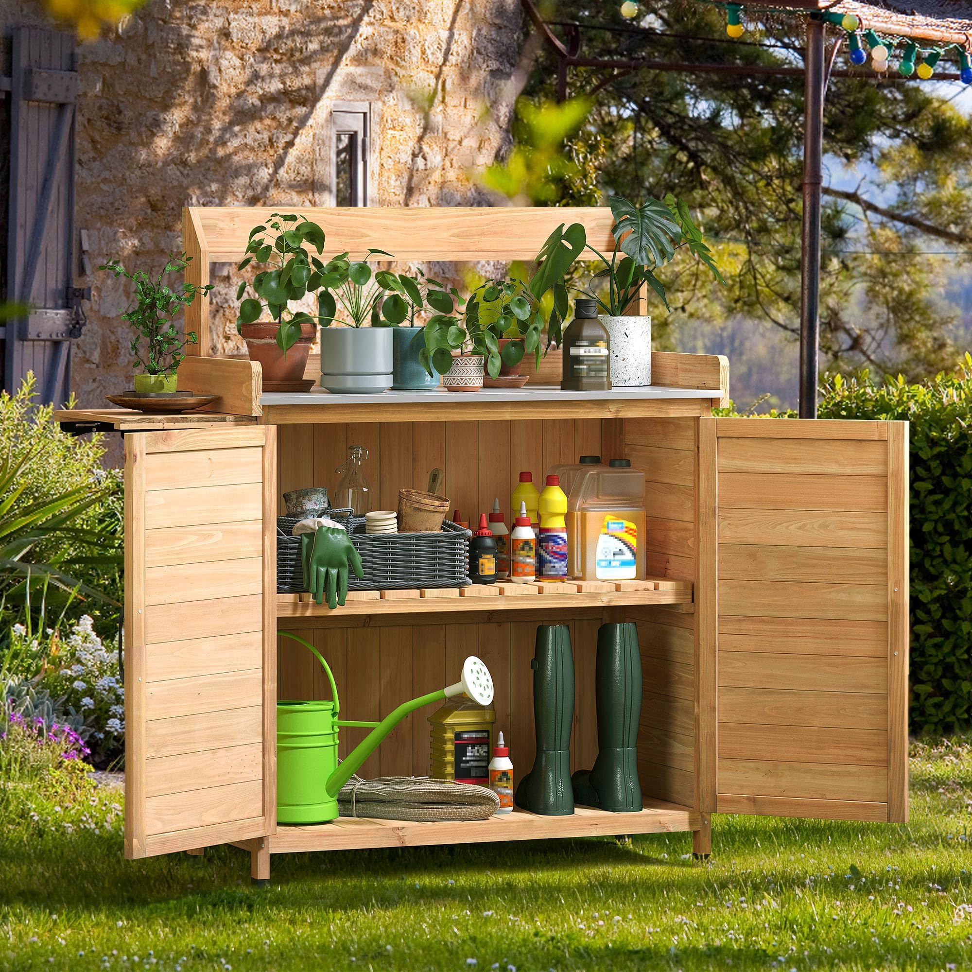 YITAHOME Solid Wood Potting Bench with Folding Shelf & Metal Tabletop - Outdoor Garden Workstation with Storage Cabinet for Planting, Gardening, Backyard Use - Perfect for Organizing Tools, Repotting Plants, and Outdoor Projects