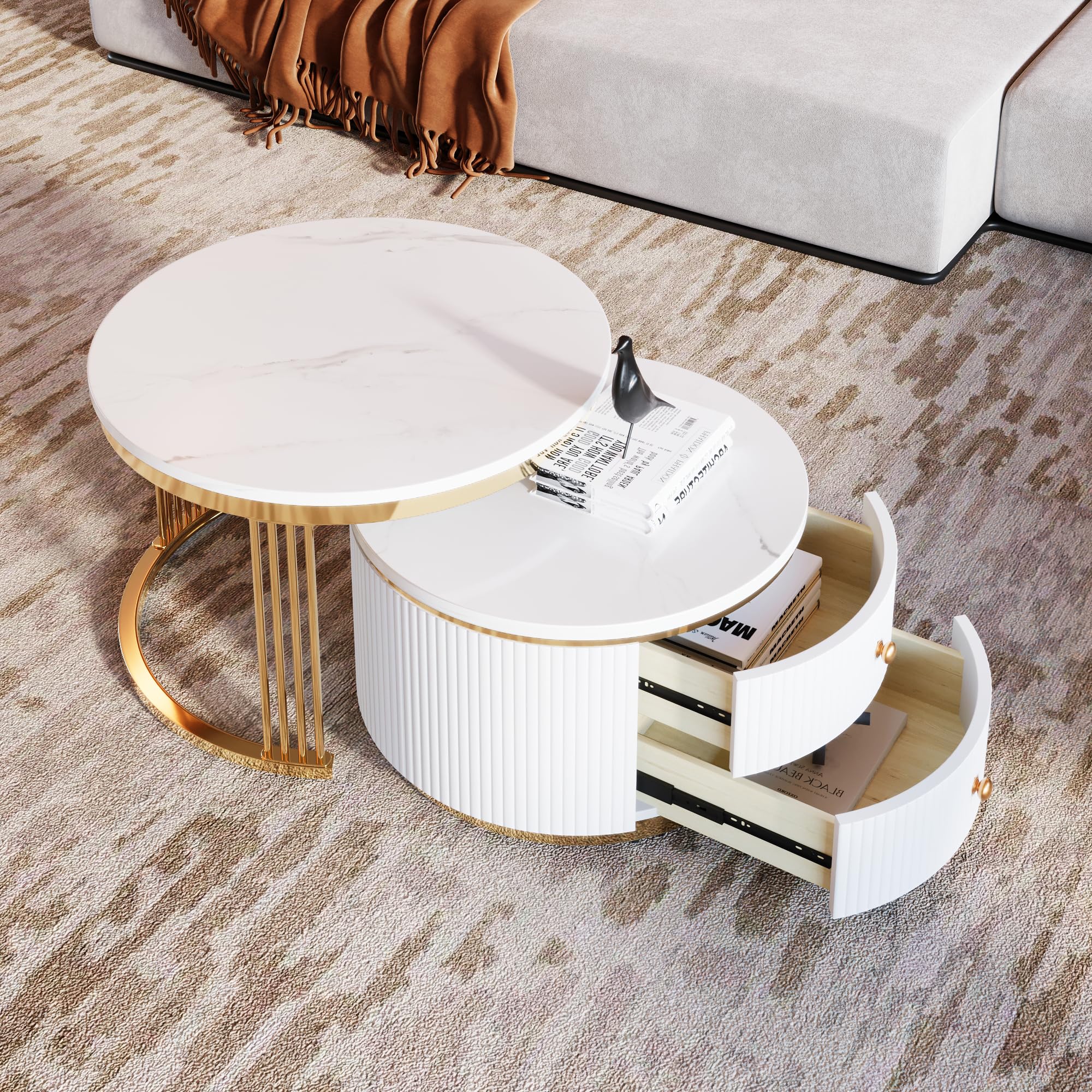 Modern Round Nesting Coffee Table Set of 2 with Storage Drawers - Gold & White Accent Living Room Furniture for Small Spaces, Apartments | Perfect for Coffee Serving, Magazine Storage & Home Decor