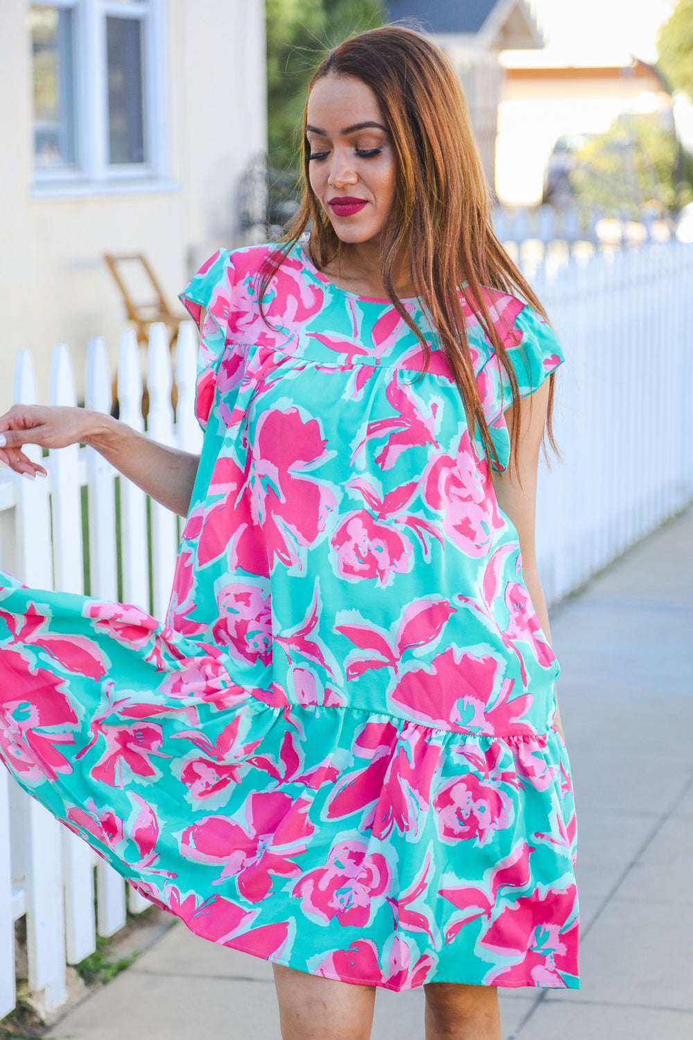 Diva Dreaming Aqua Floral Print Tiered Ruffle Sleeve Dress for Women - Elegant Summer Party Dress for Weddings, Garden Parties & Date Nights