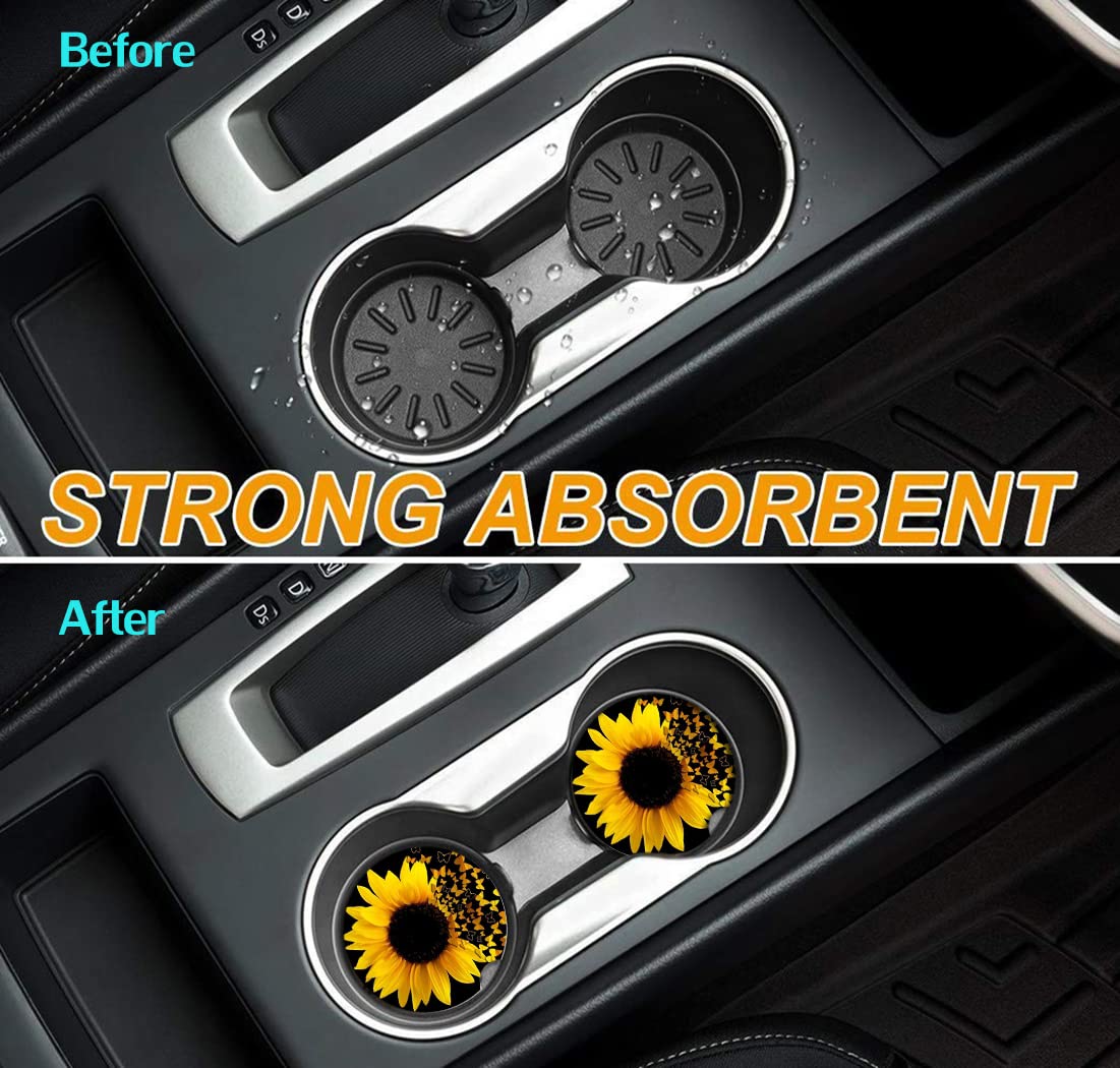 2 Pack Sunflower Ceramic Car Cup Holder Coasters - Absorbent Drink Coasters for Auto Accessories, Perfect Gift for Men & Women (Black Sunflower with Butterflies) - Keep Your Car Clean & Stylish While Driving