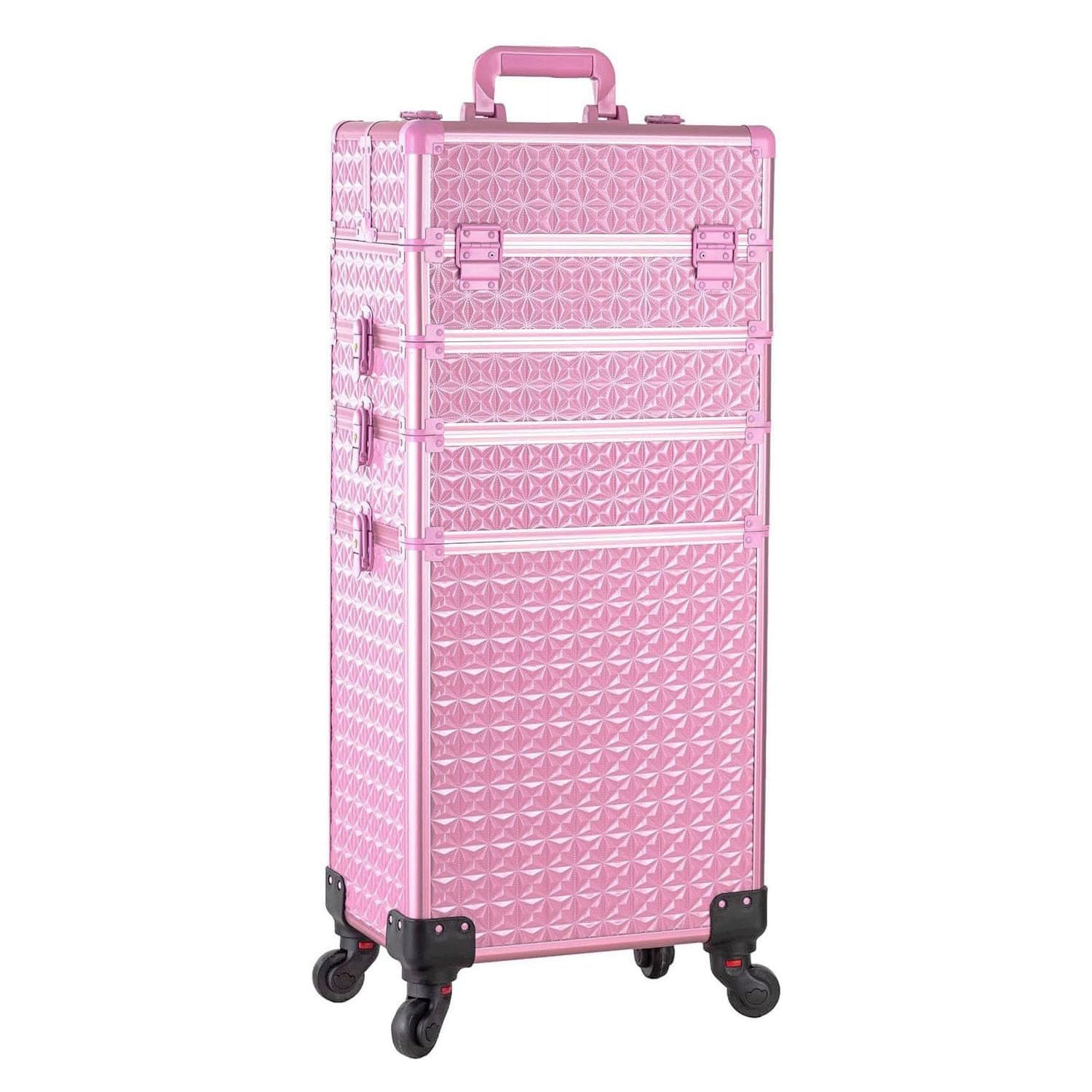AROUS 5-in-1 Professional Aluminum Makeup Train Case with 360° Swivel Wheels - Extra Large Rolling Cosmetic Organizer for Travel & Salon Use (Pink) | Perfect for Makeup Artists, Beauty Professionals & On-the-Go Stylists