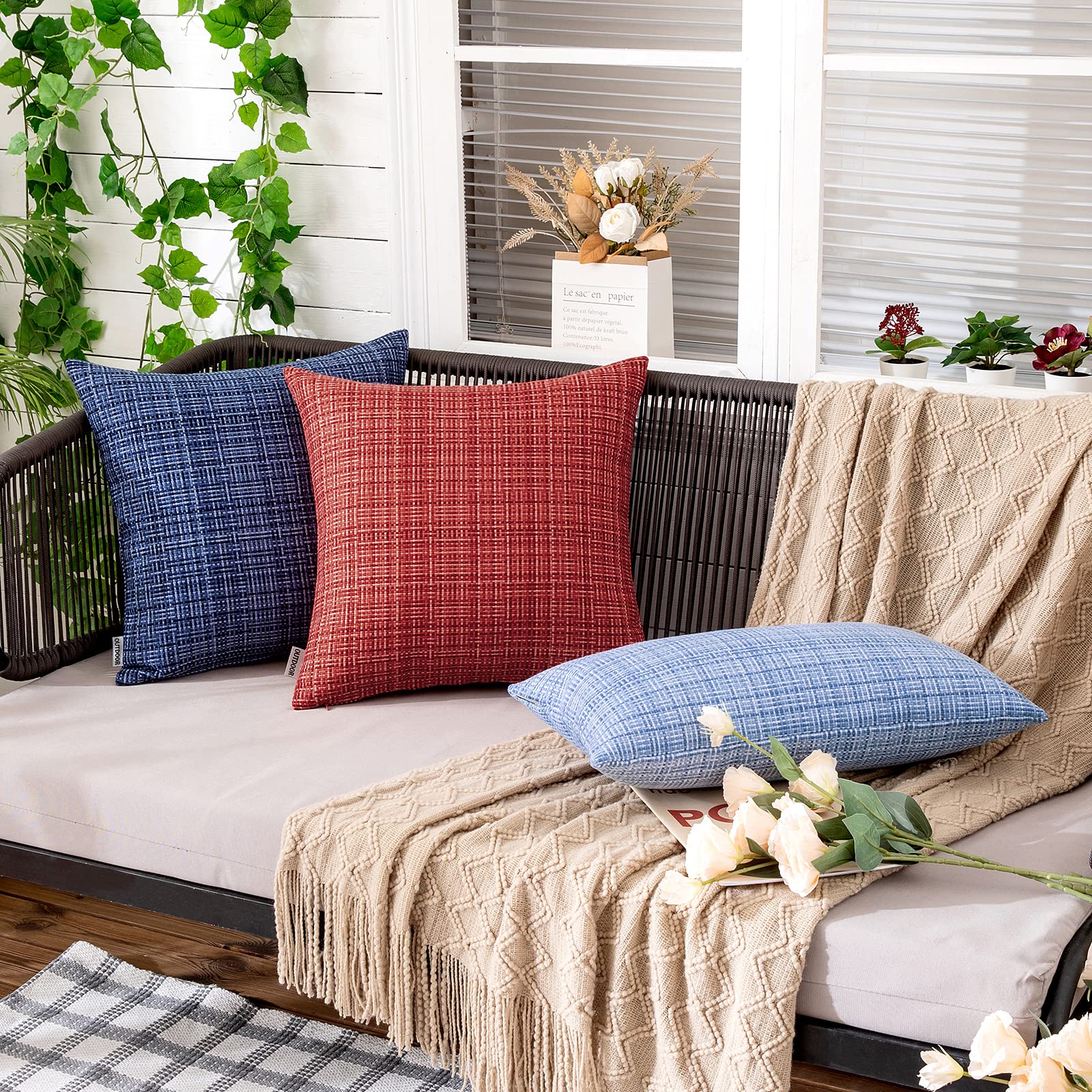 MIULEE Waterproof Outdoor Throw Pillow Covers - 18x18 Inch Farmhouse Decorative Cushion Covers for Patio, Garden, Tent, Sofa & Couch (Pack of 2, Red) - Perfect for Outdoor Furniture, Camping & Home Decor