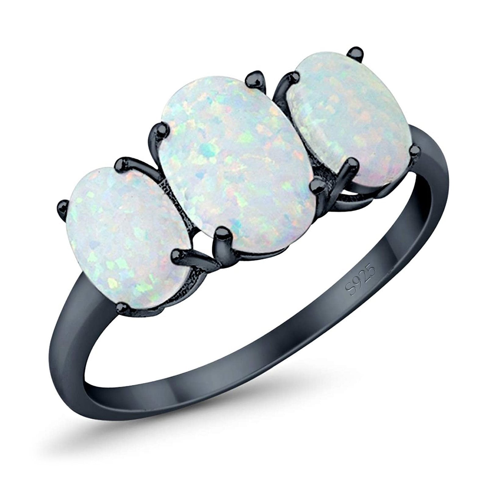 3 Stone Oval Created Opal Fashion Ring - 925 Sterling Silver Jewelry for Women - Perfect for Weddings, Parties & Everyday Wear