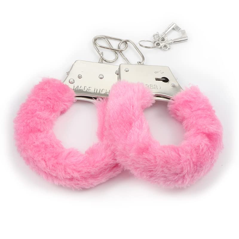 Adjustable Furry Handcuffs & Ankle Cuffs Set with Keys - Stainless Steel Bondage Restraints for Couples, SM Fetish Toys, Cosplay & Role Play (Pink) - Perfect for Bedroom Play, BDSM Scenes & Costume Parties