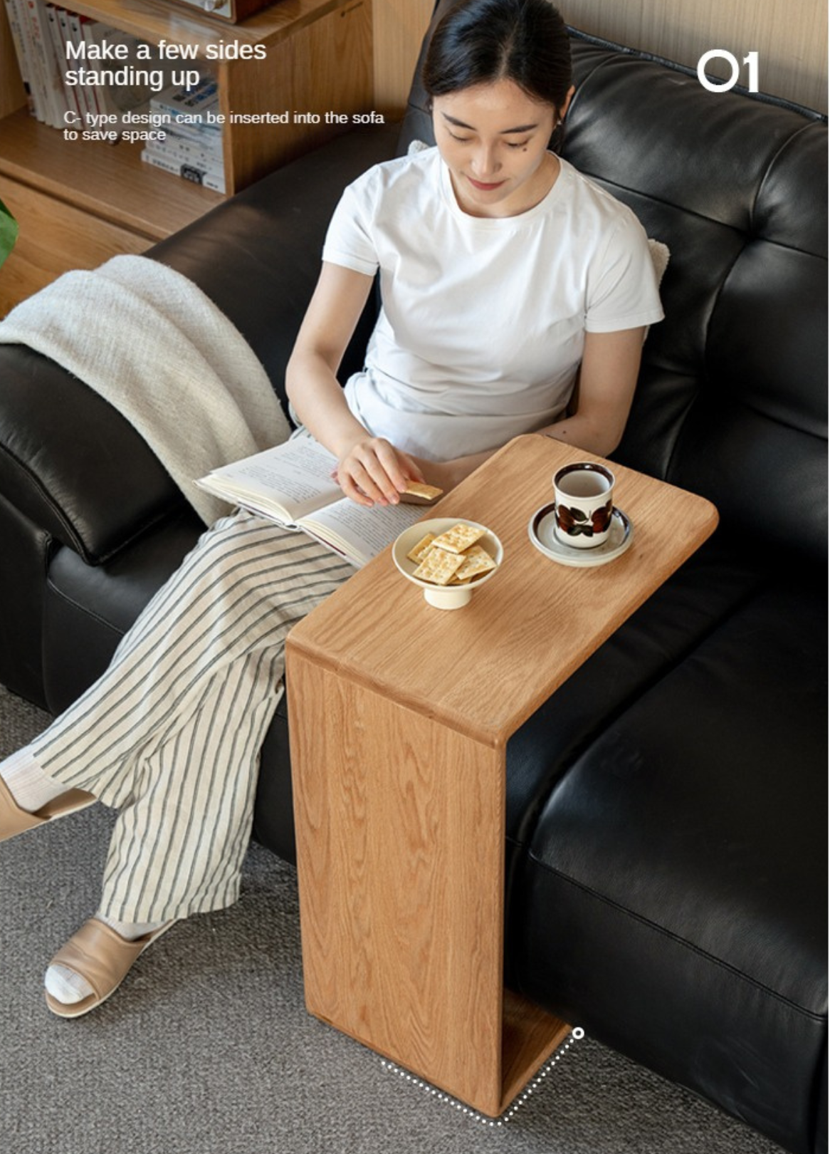Solid Oak Wood C-Shaped Side Table - Multifunctional End Table for Living Room, Bedroom, or Office - Perfect for Holding Drinks, Books, and Decor